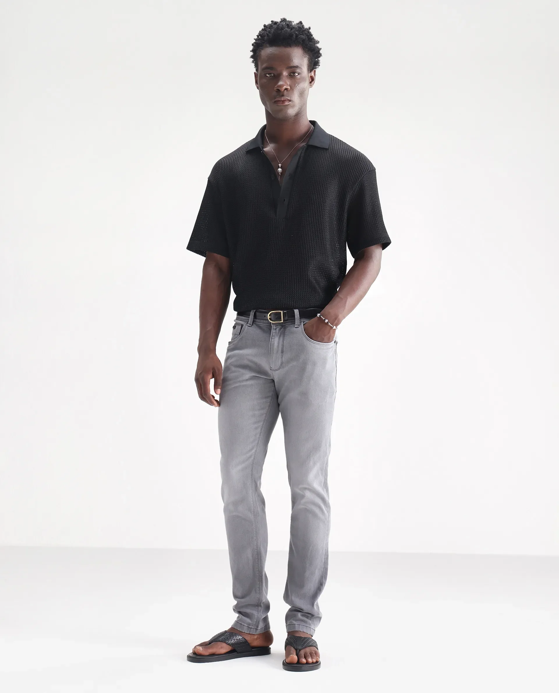 Rare Rabbit Men's Toulouse Light Grey Cotton Plain Hawk Slim Fit Jeans - Image 6