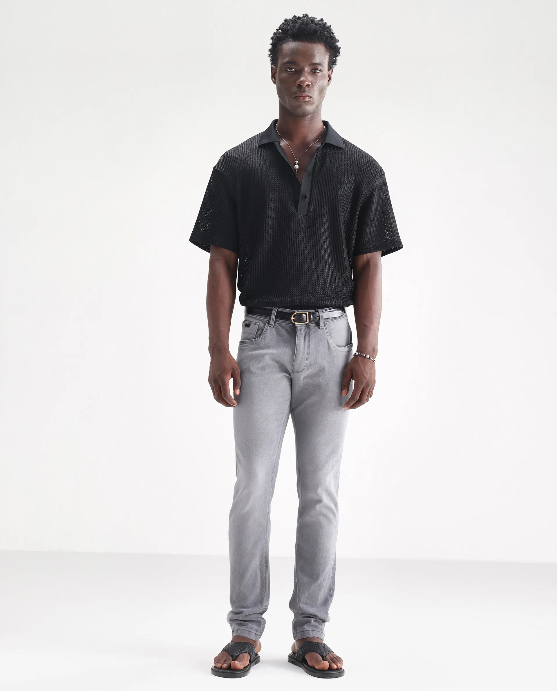 Rare Rabbit Men's Toulouse Light Grey Cotton Plain Hawk Slim Fit Jeans - Image 7