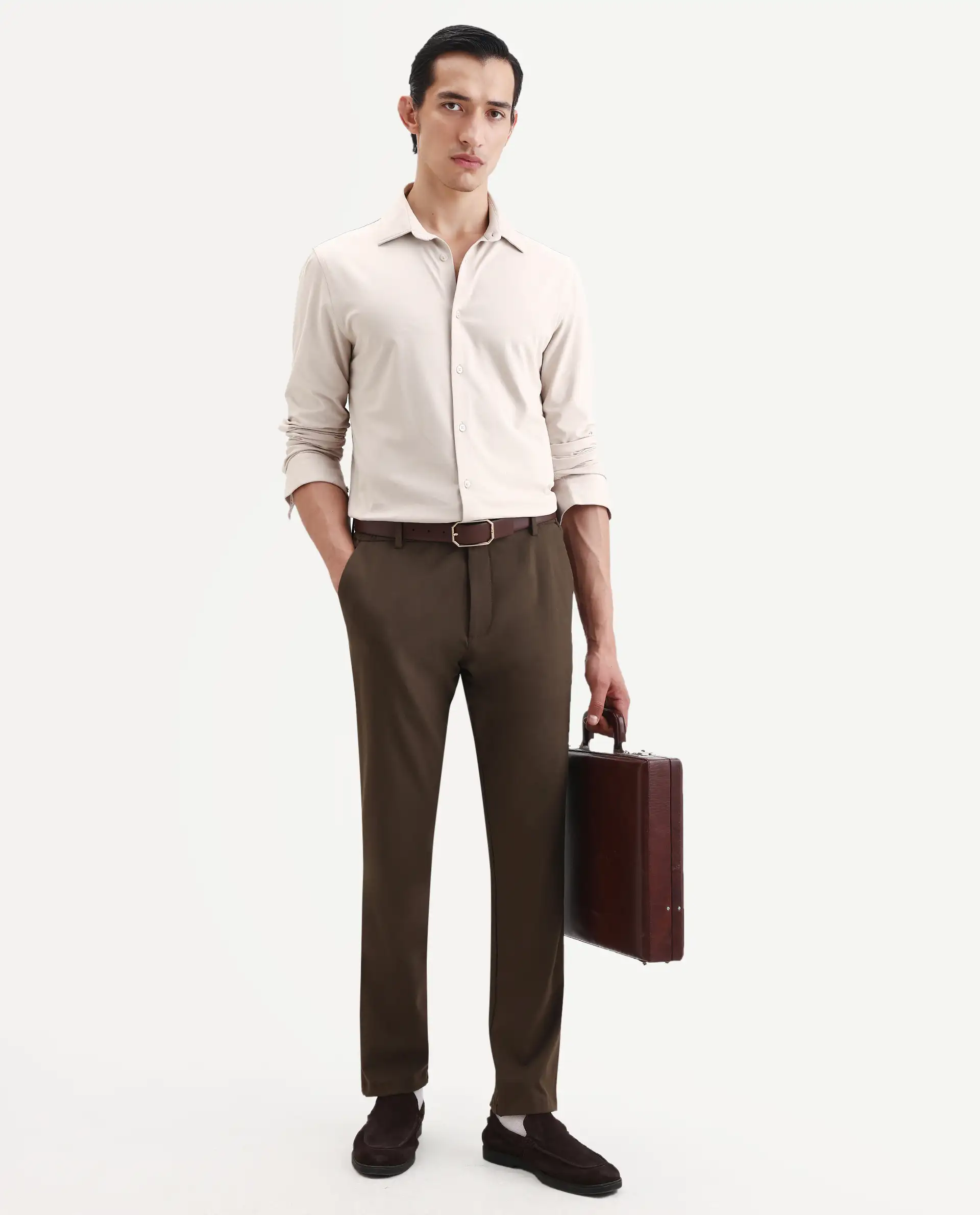 Rare Rabbit Men's Tour-25 Beige Cotton Polyester Elastane Fabric Full Sleeve Collared Collar Button Closure Plain Knitted Formal Shirt - Image 2