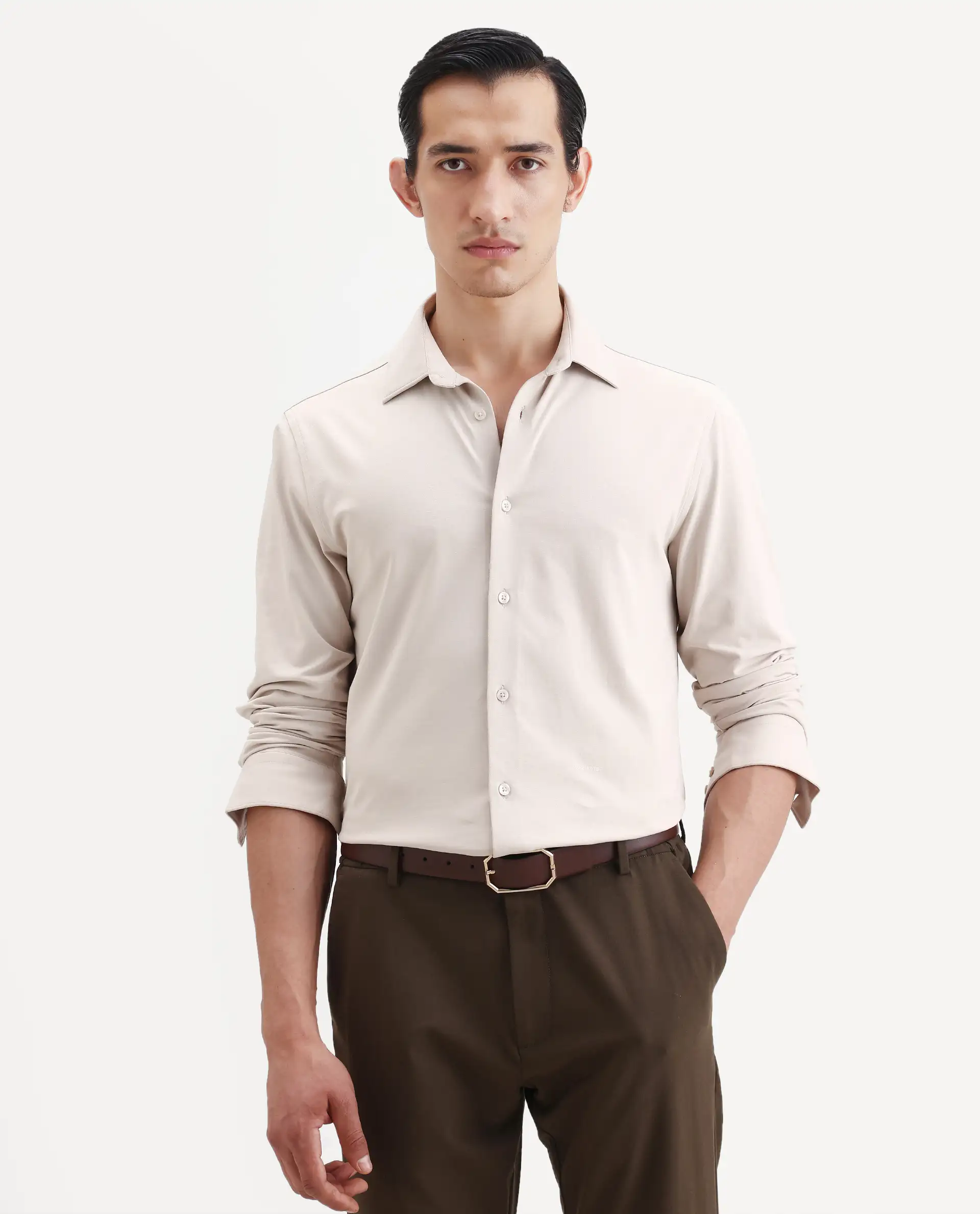 Rare Rabbit Men's Tour-25 Beige Cotton Polyester Elastane Fabric Full Sleeve Collared Collar Button Closure Plain Knitted Formal Shirt - Image 3