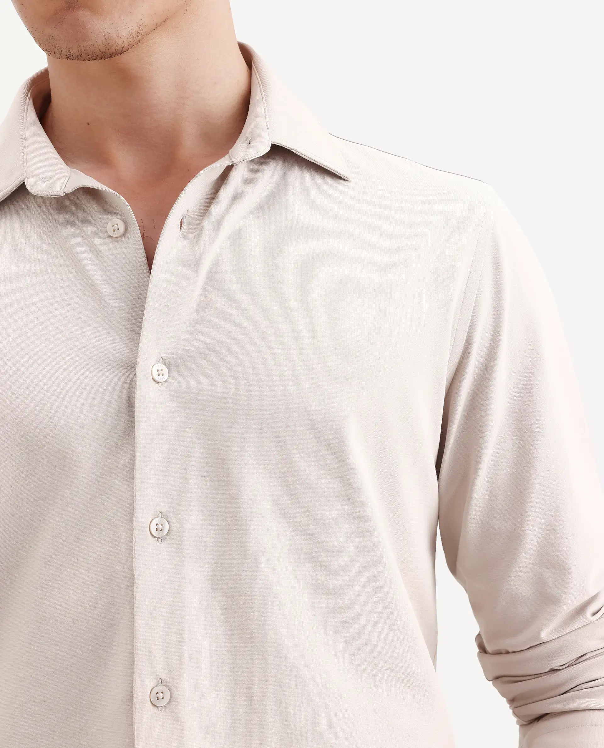 Rare Rabbit Men's Tour-25 Beige Cotton Polyester Elastane Fabric Full Sleeve Collared Collar Button Closure Plain Knitted Formal Shirt - Image 4