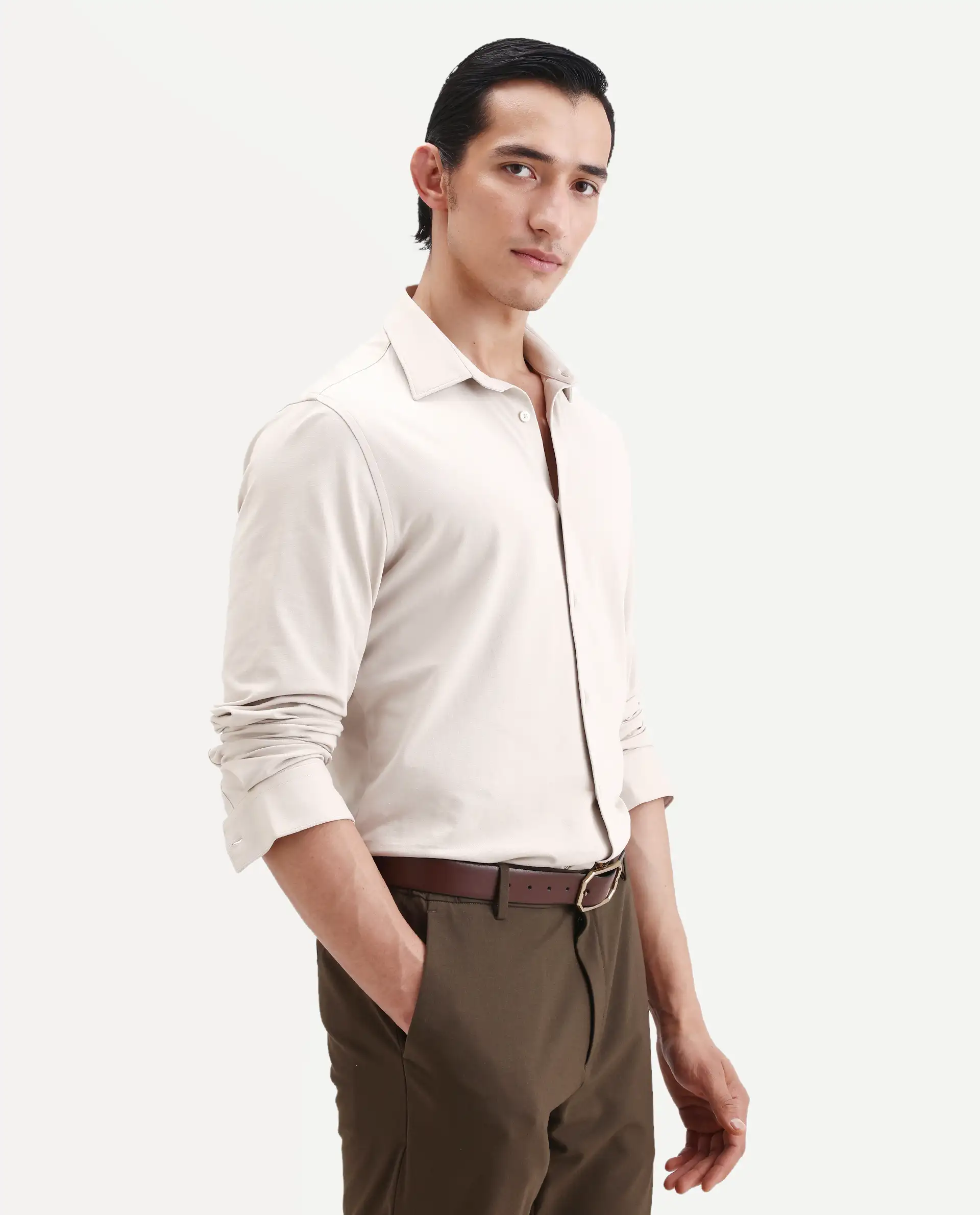 Rare Rabbit Men's Tour-25 Beige Cotton Polyester Elastane Fabric Full Sleeve Collared Collar Button Closure Plain Knitted Formal Shirt - Image 5