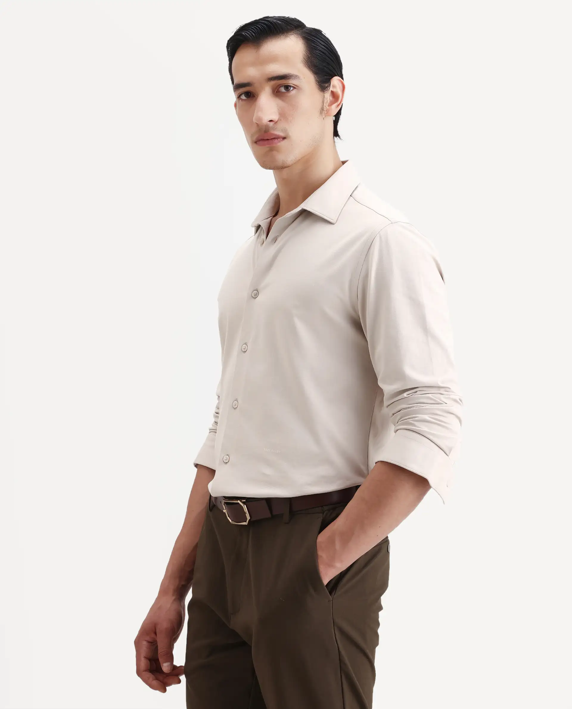Rare Rabbit Men's Tour-25 Beige Cotton Polyester Elastane Fabric Full Sleeve Collared Collar Button Closure Plain Knitted Formal Shirt - Image 6