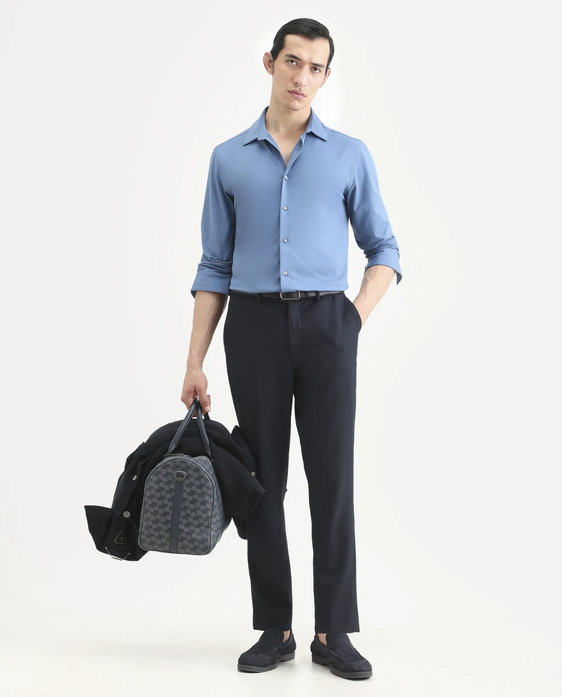 Rare Rabbit Men's Tour-25 Blue Cotton Blend Plain Regular Fit Full Sleeve Spread Collar Shirt - Image 2