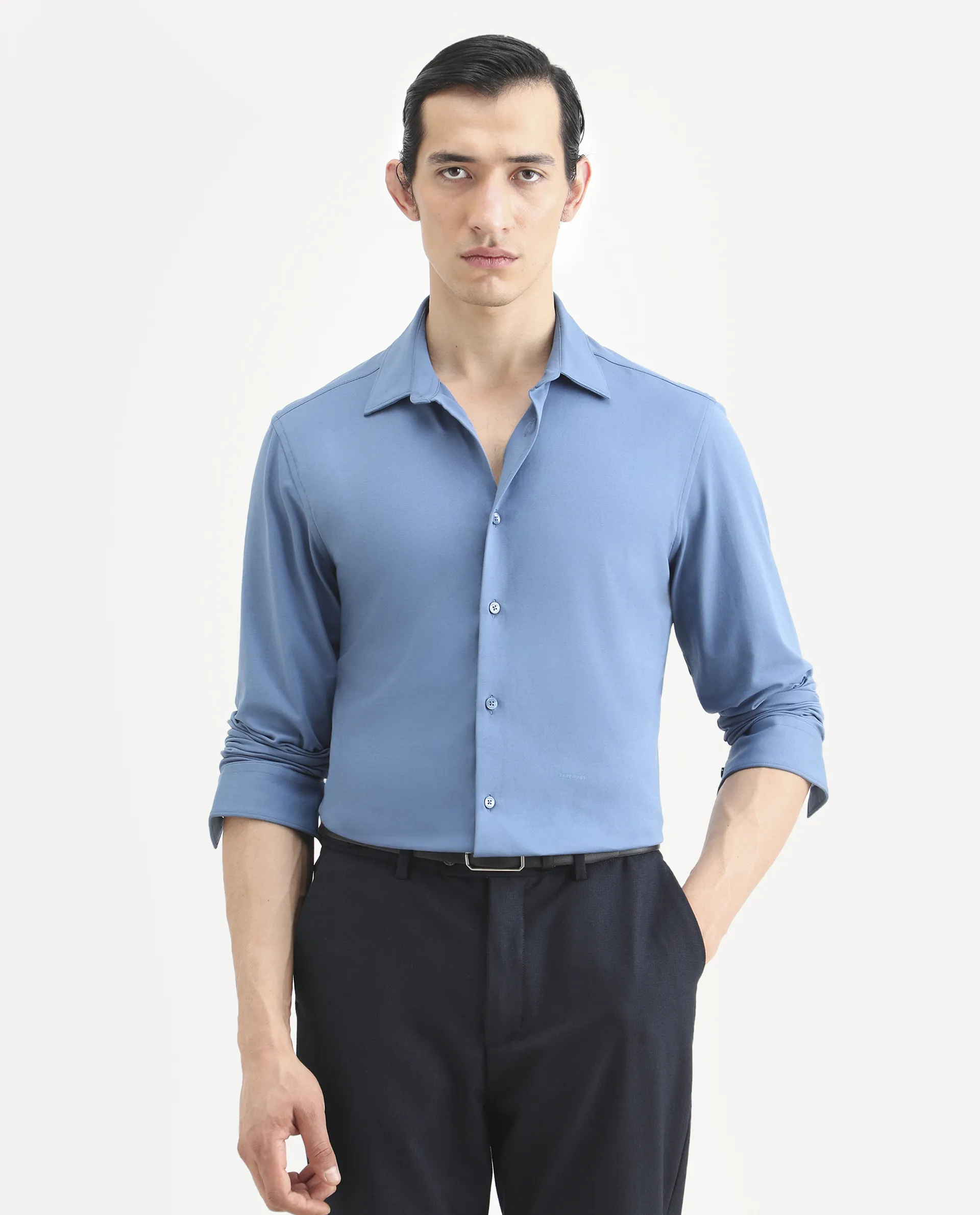 Rare Rabbit Men's Tour-25 Blue Cotton Blend Plain Regular Fit Full Sleeve Spread Collar Shirt - Image 3