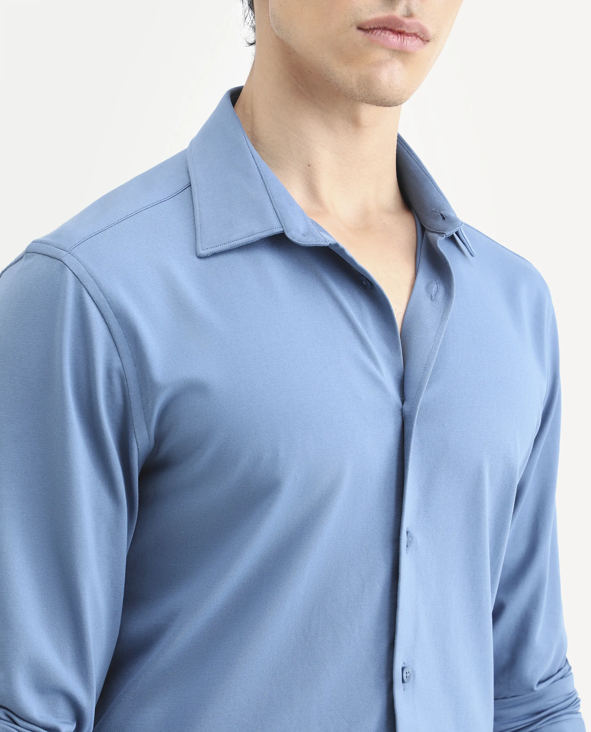 Rare Rabbit Men's Tour-25 Blue Cotton Blend Plain Regular Fit Full Sleeve Spread Collar Shirt - Image 4