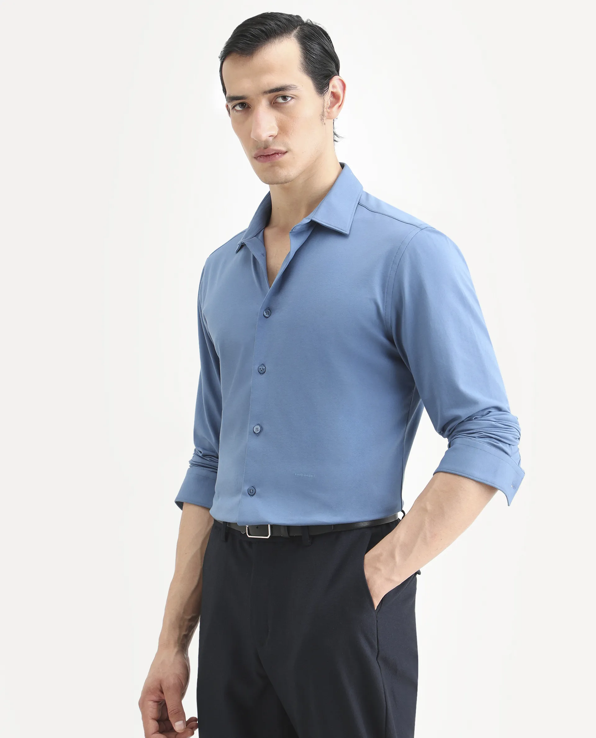 Rare Rabbit Men's Tour-25 Blue Cotton Blend Plain Regular Fit Full Sleeve Spread Collar Shirt - Image 5