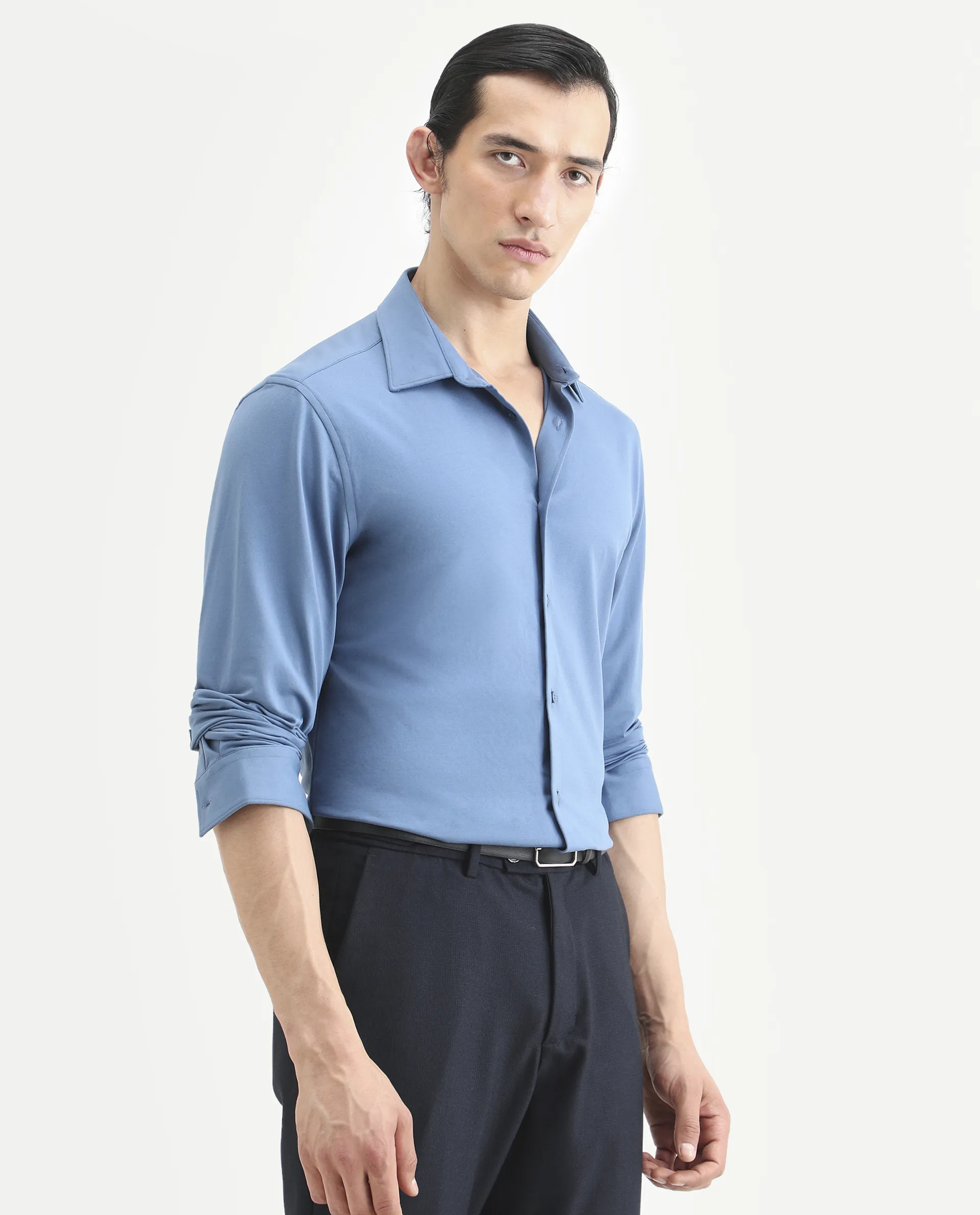 Rare Rabbit Men's Tour-25 Blue Cotton Blend Plain Regular Fit Full Sleeve Spread Collar Shirt - Image 6