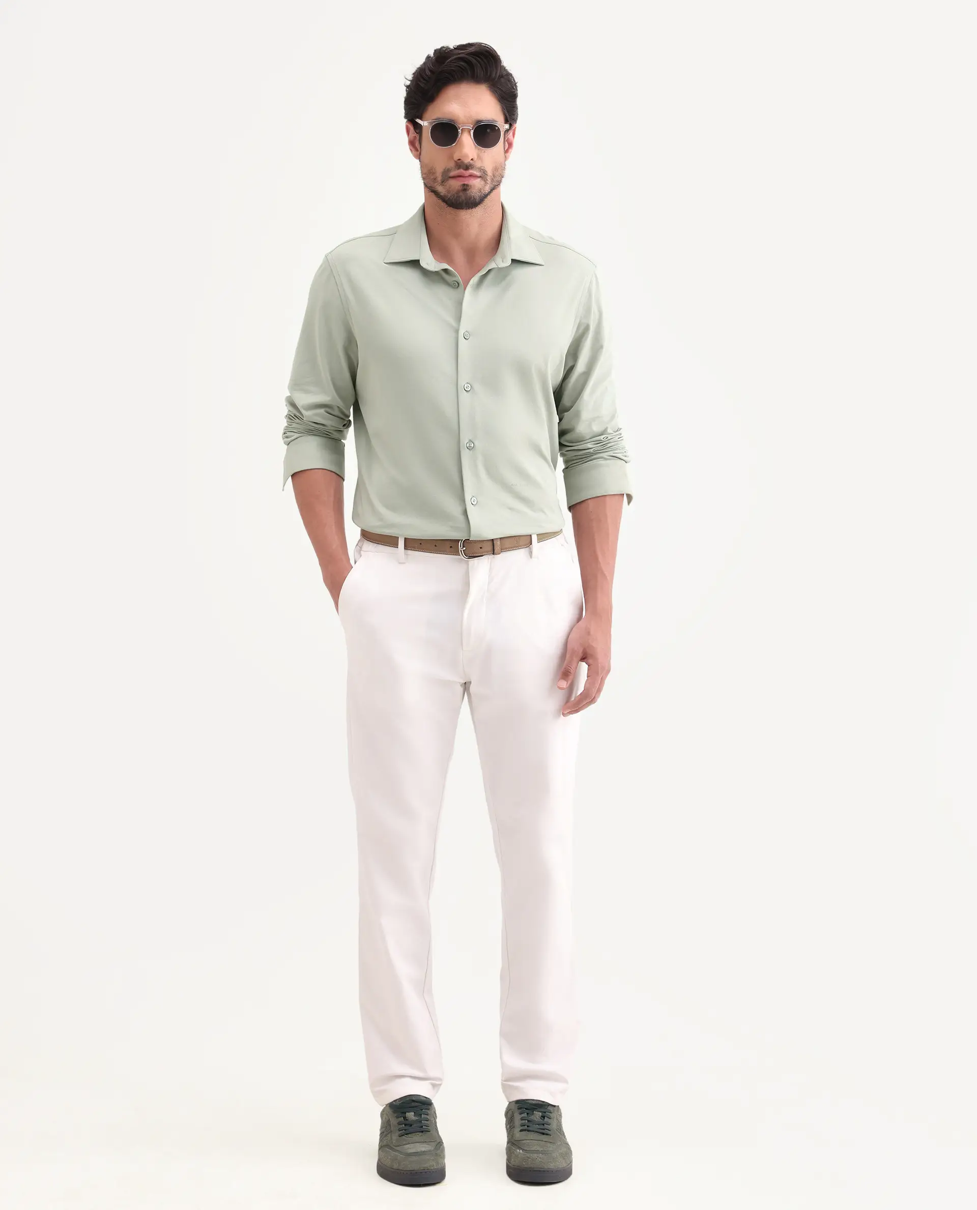 Rare Rabbit Men's Tour-25 Dusky Green Cotton Blend Plain Regular Fit Full Sleeve Collared Shirt - Image 2