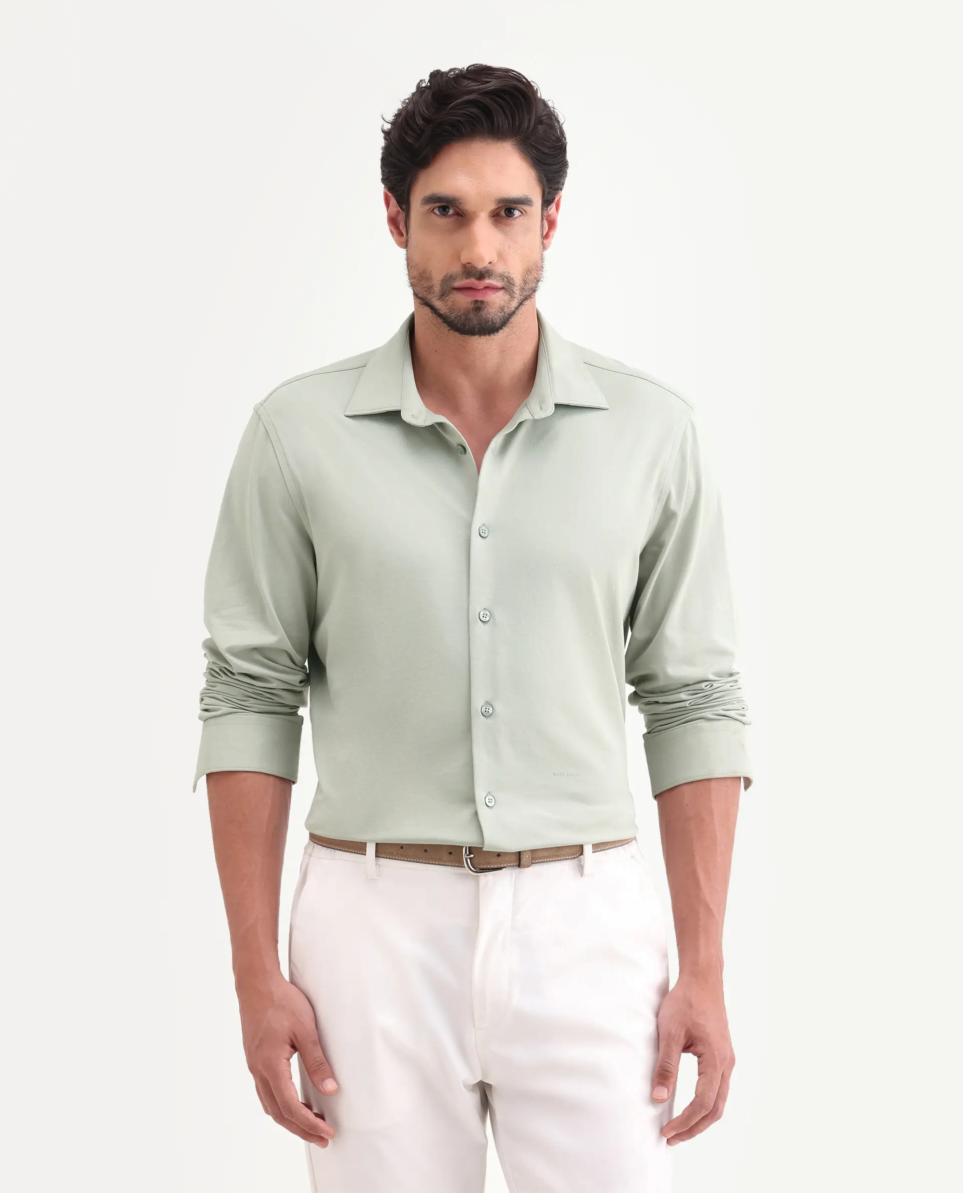 Rare Rabbit Men's Tour-25 Dusky Green Cotton Blend Plain Regular Fit Full Sleeve Collared Shirt - Image 4