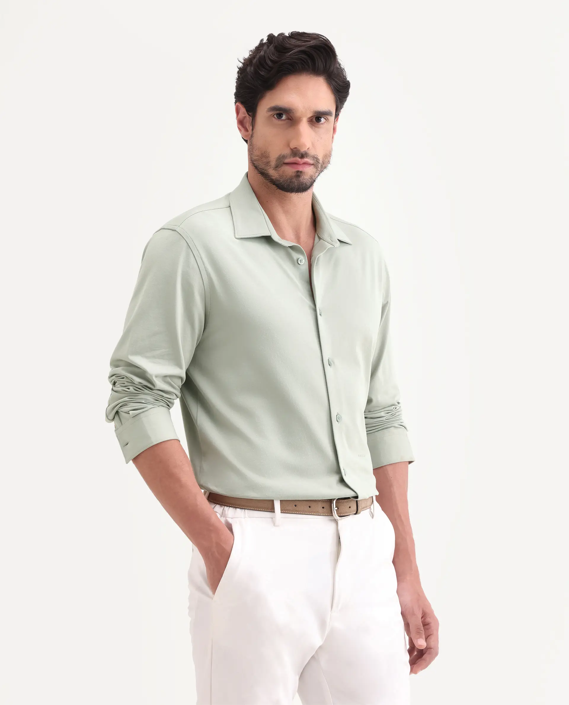 Rare Rabbit Men's Tour-25 Dusky Green Cotton Blend Plain Regular Fit Full Sleeve Collared Shirt - Image 5