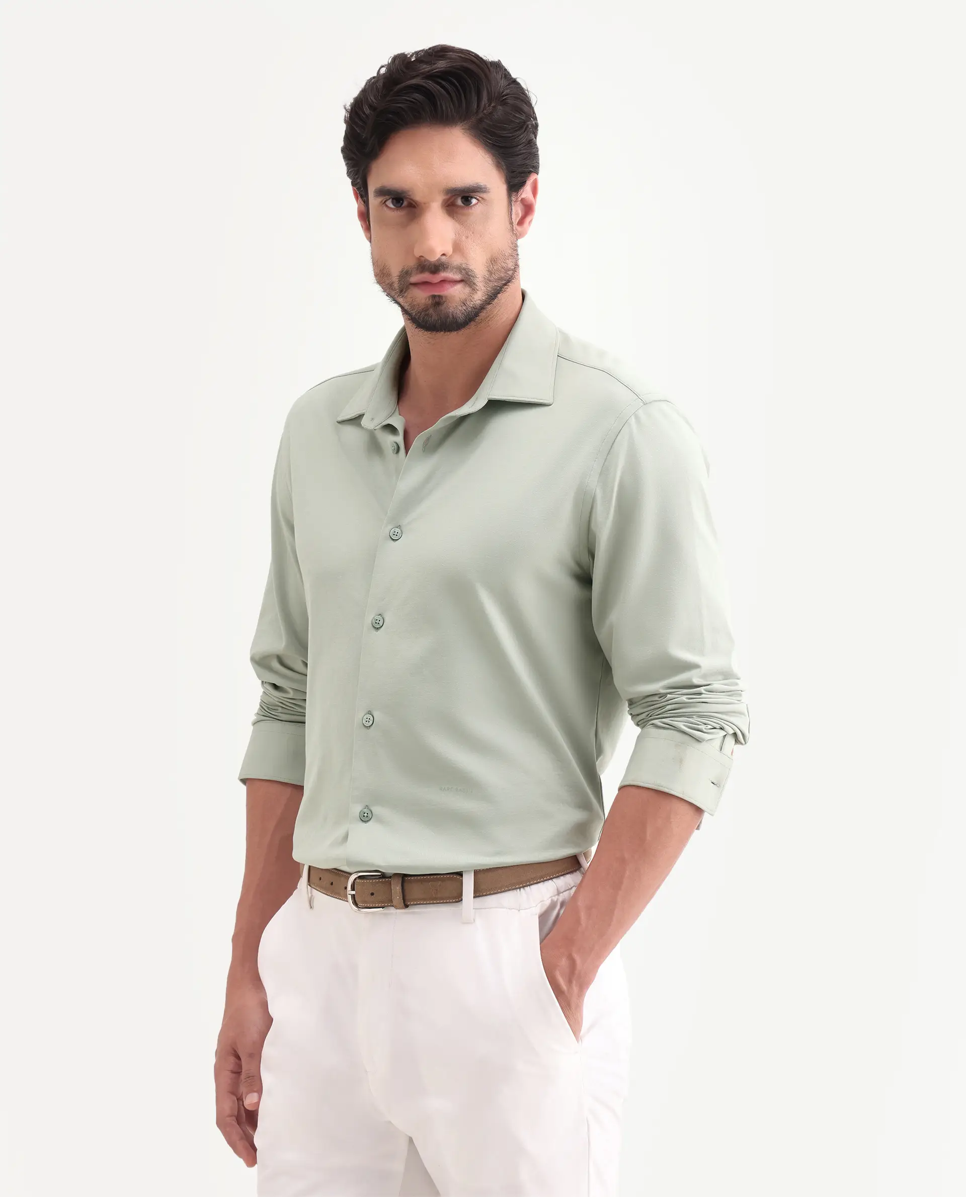 Rare Rabbit Men's Tour-25 Dusky Green Cotton Blend Plain Regular Fit Full Sleeve Collared Shirt - Image 6
