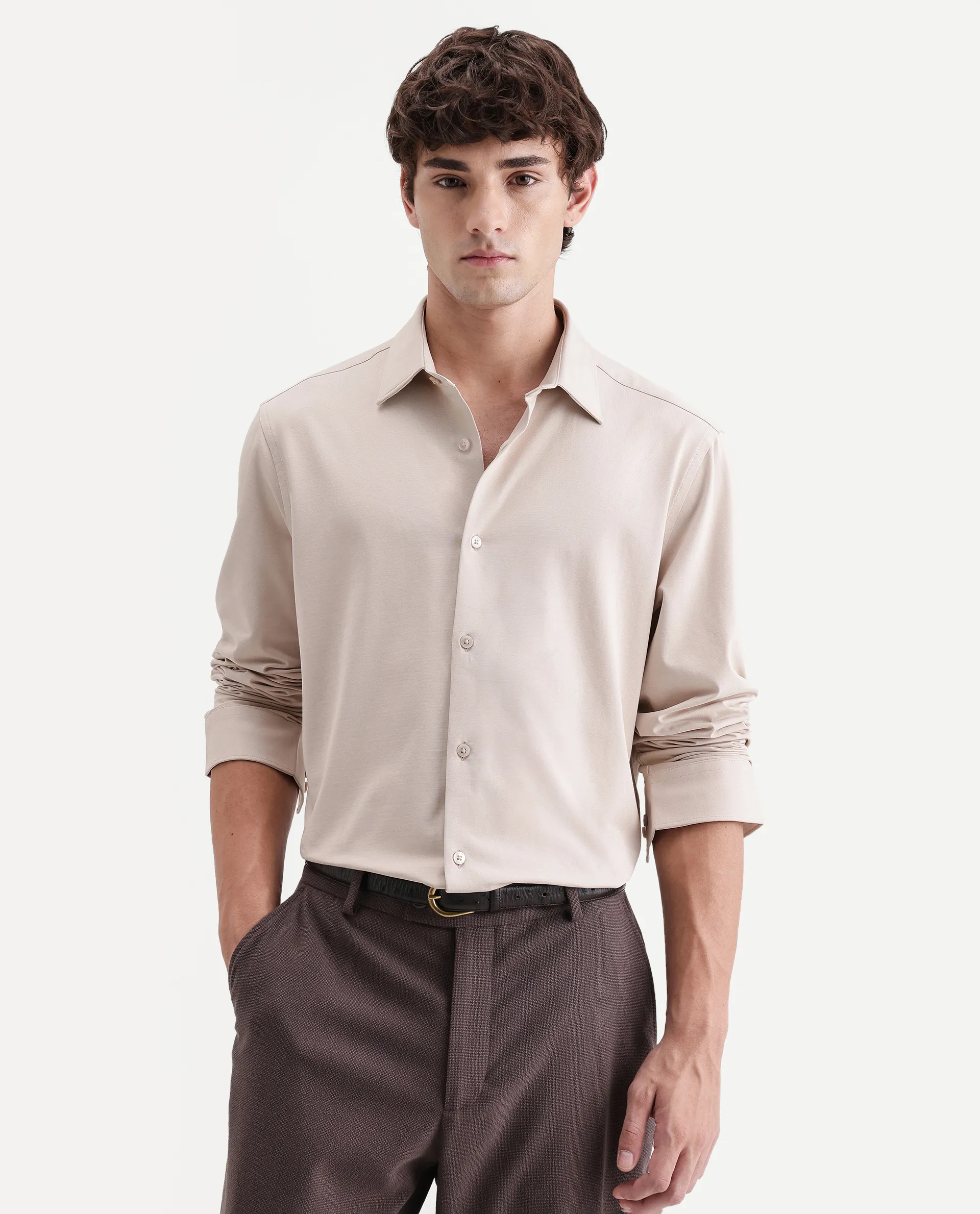 Rare Rabbit Men's Tour-Aw26 Beige Cotton Blend Spread Collar Regular Plain Shirt - Image 4