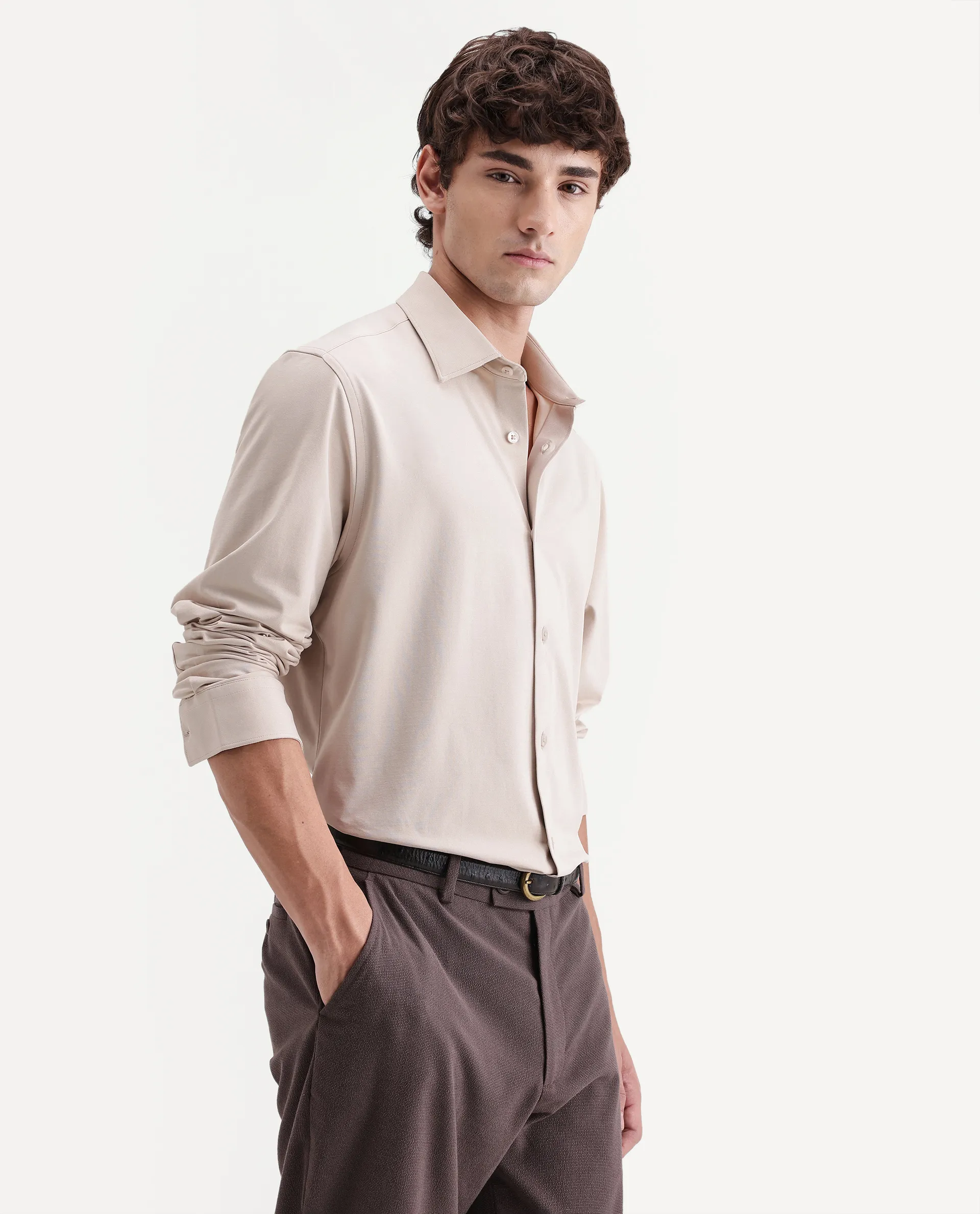 Rare Rabbit Men's Tour-Aw26 Beige Cotton Blend Spread Collar Regular Plain Shirt - Image 6