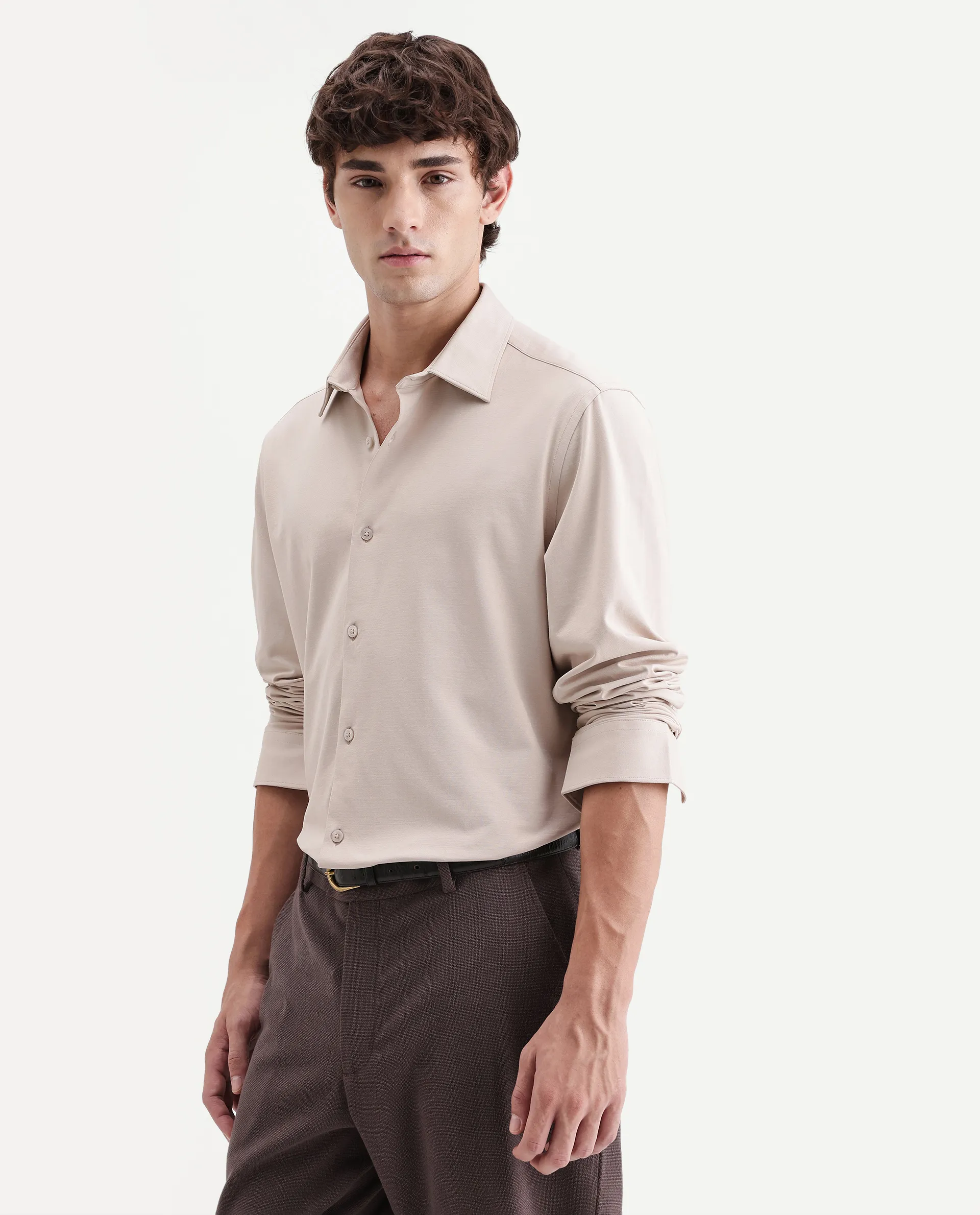 Rare Rabbit Men's Tour-Aw26 Beige Cotton Blend Spread Collar Regular Plain Shirt - Image 7