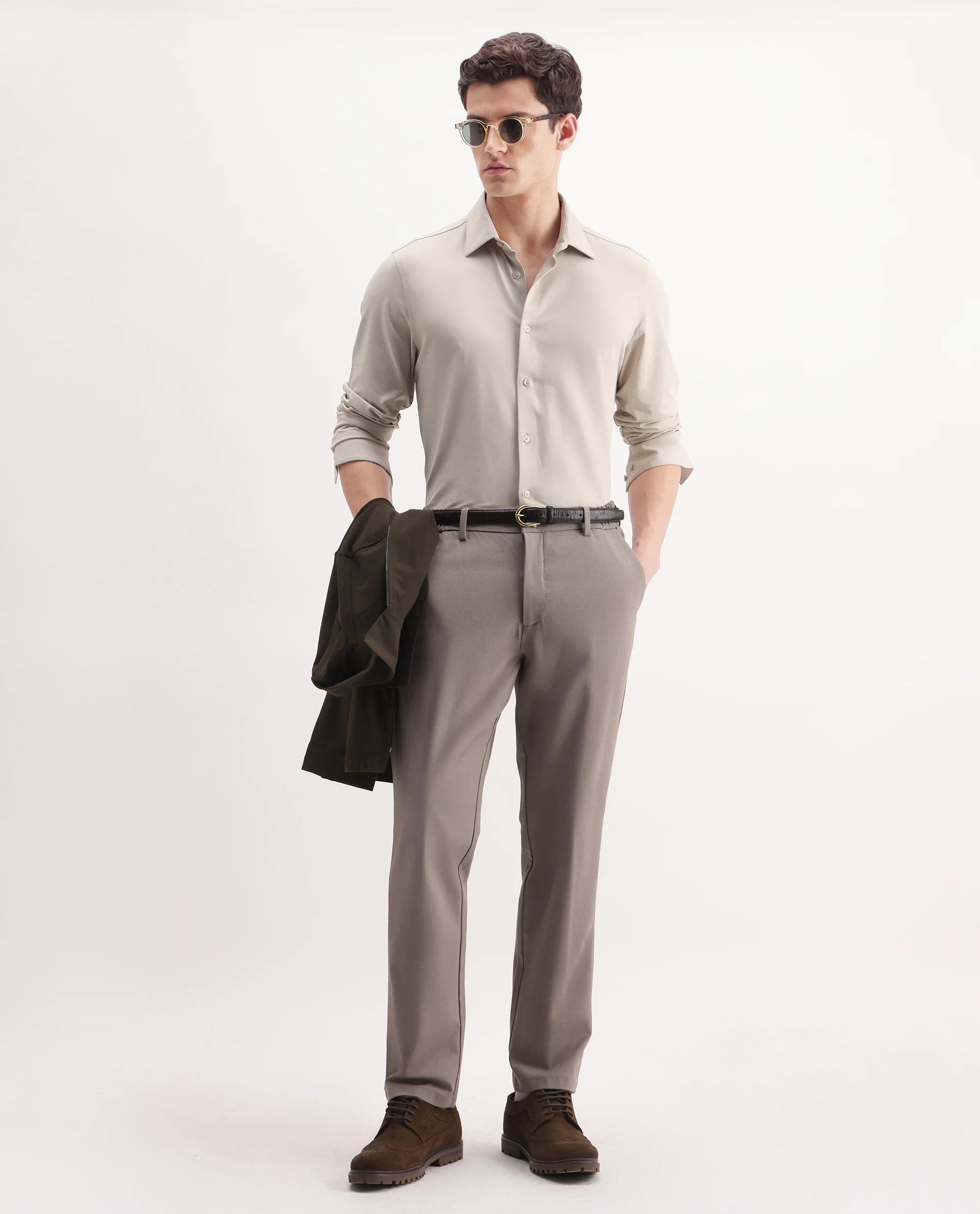 Rare Rabbit Men's Tour Light Beige Cotton Blend Plain Regular Fit Full Sleeve Collared Shirt - Image 2