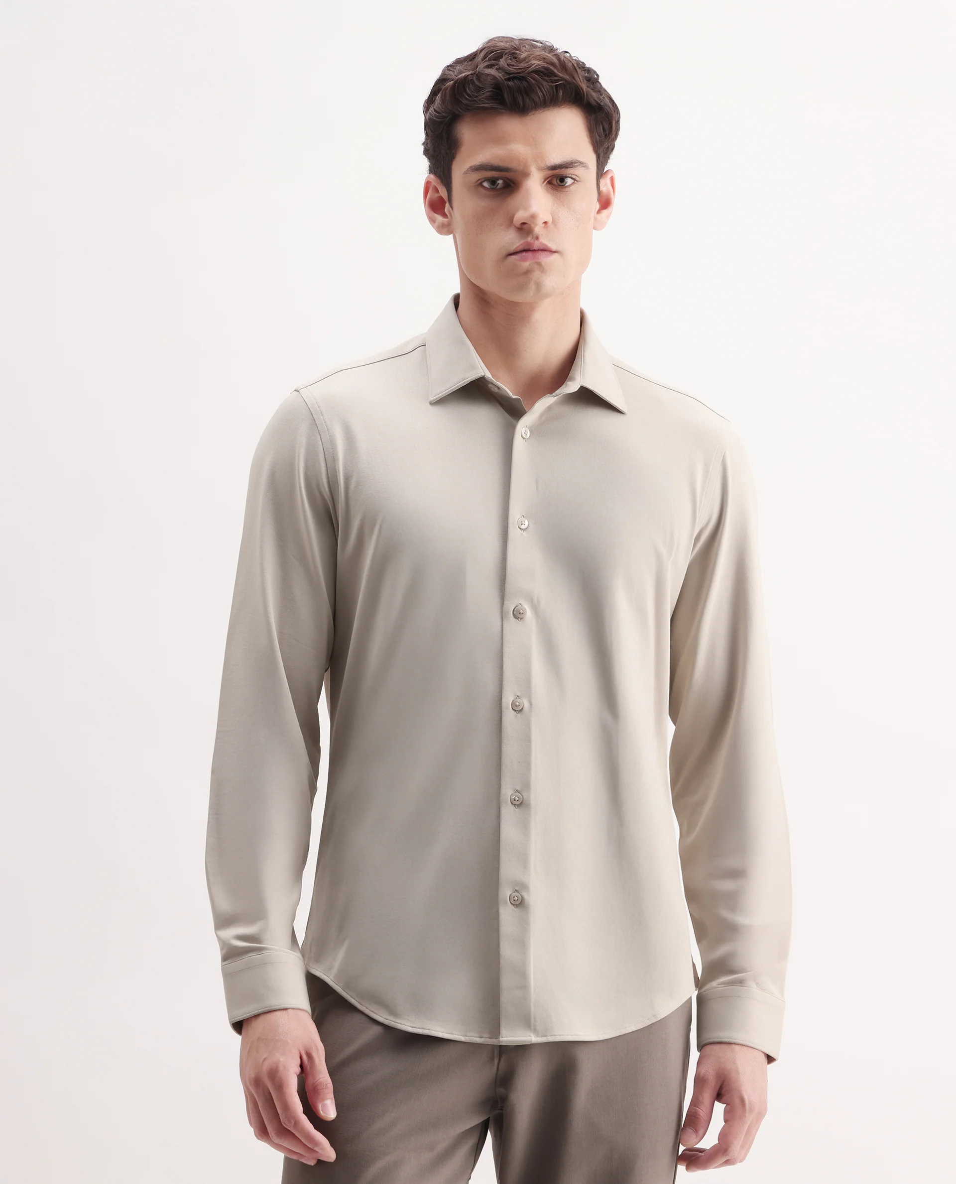 Rare Rabbit Men's Tour Light Beige Cotton Blend Plain Regular Fit Full Sleeve Collared Shirt - Image 3