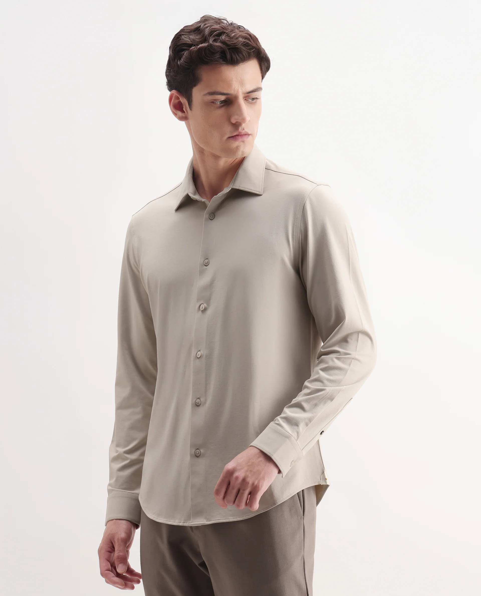 Rare Rabbit Men's Tour Light Beige Cotton Blend Plain Regular Fit Full Sleeve Collared Shirt - Image 5