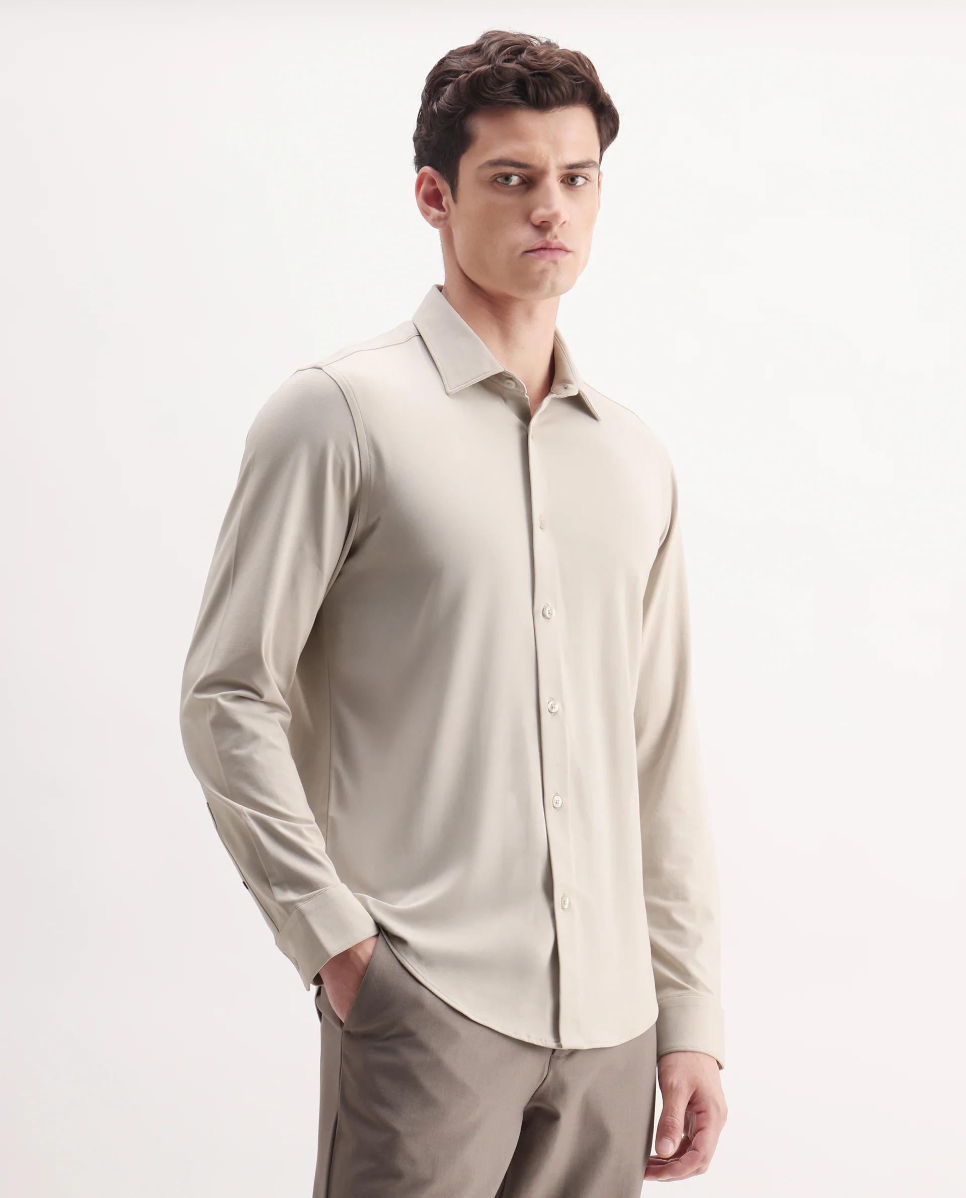 Rare Rabbit Men's Tour Light Beige Cotton Blend Plain Regular Fit Full Sleeve Collared Shirt - Image 6