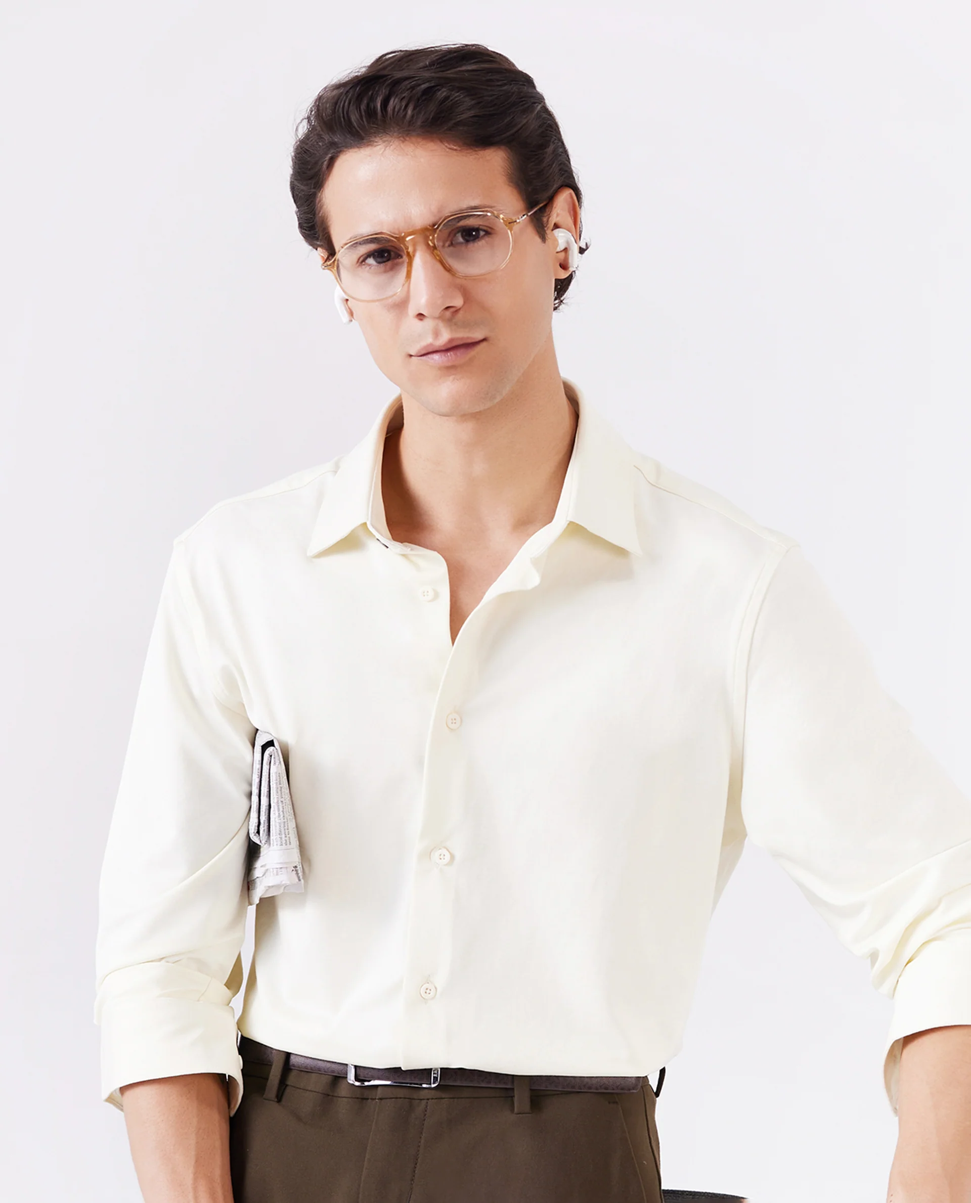 Rare Rabbit Men's Tour Pastel Yellow Cotton Blend Plain Regular Fit Full Sleeve Collared Shirt - Image 8