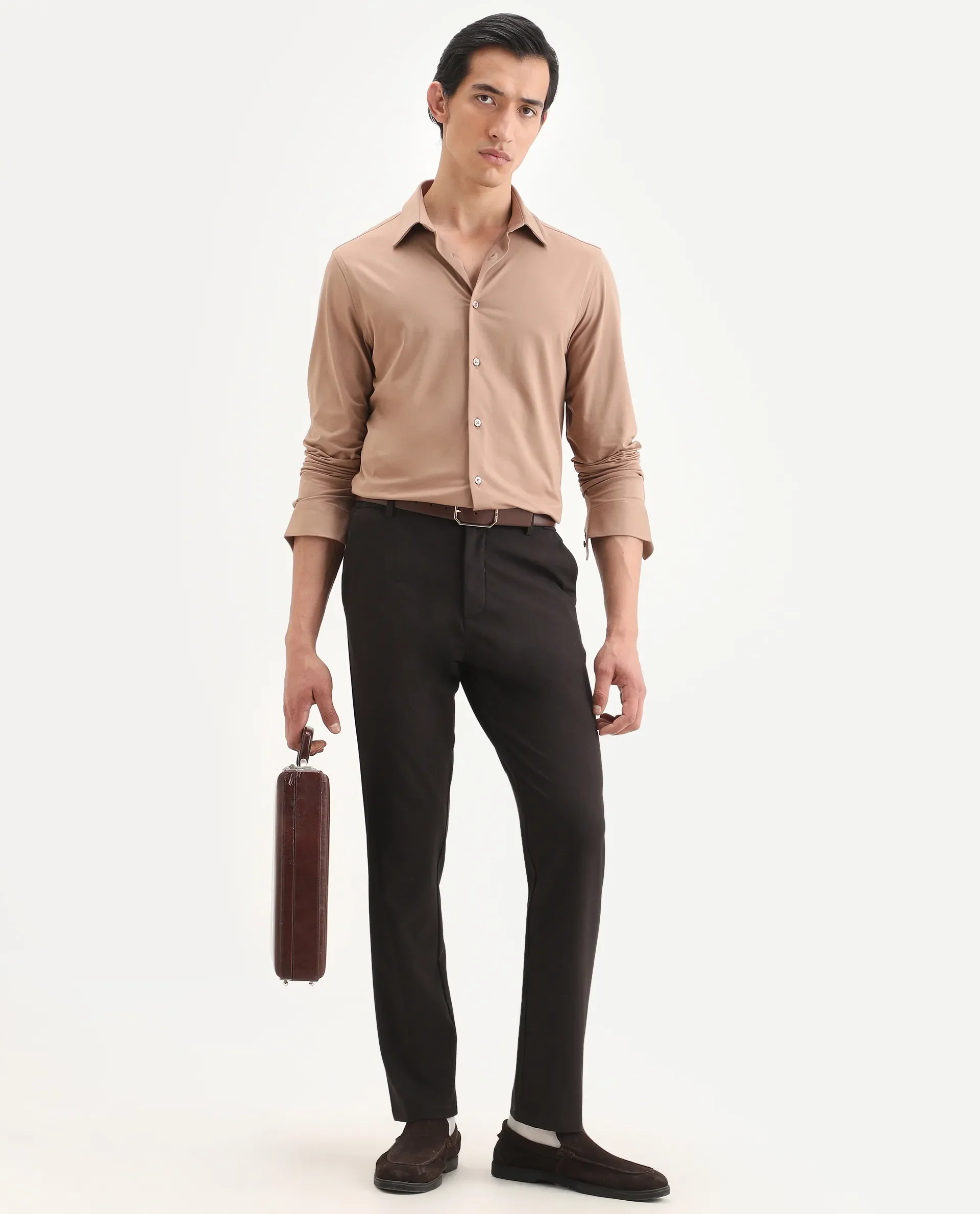 Rare Rabbit Men's Tour-Ss26 Light Brown Cotton Blend Fabric Full Sleeve Spread Collar Regular Fit Plain Shirt - Image 2