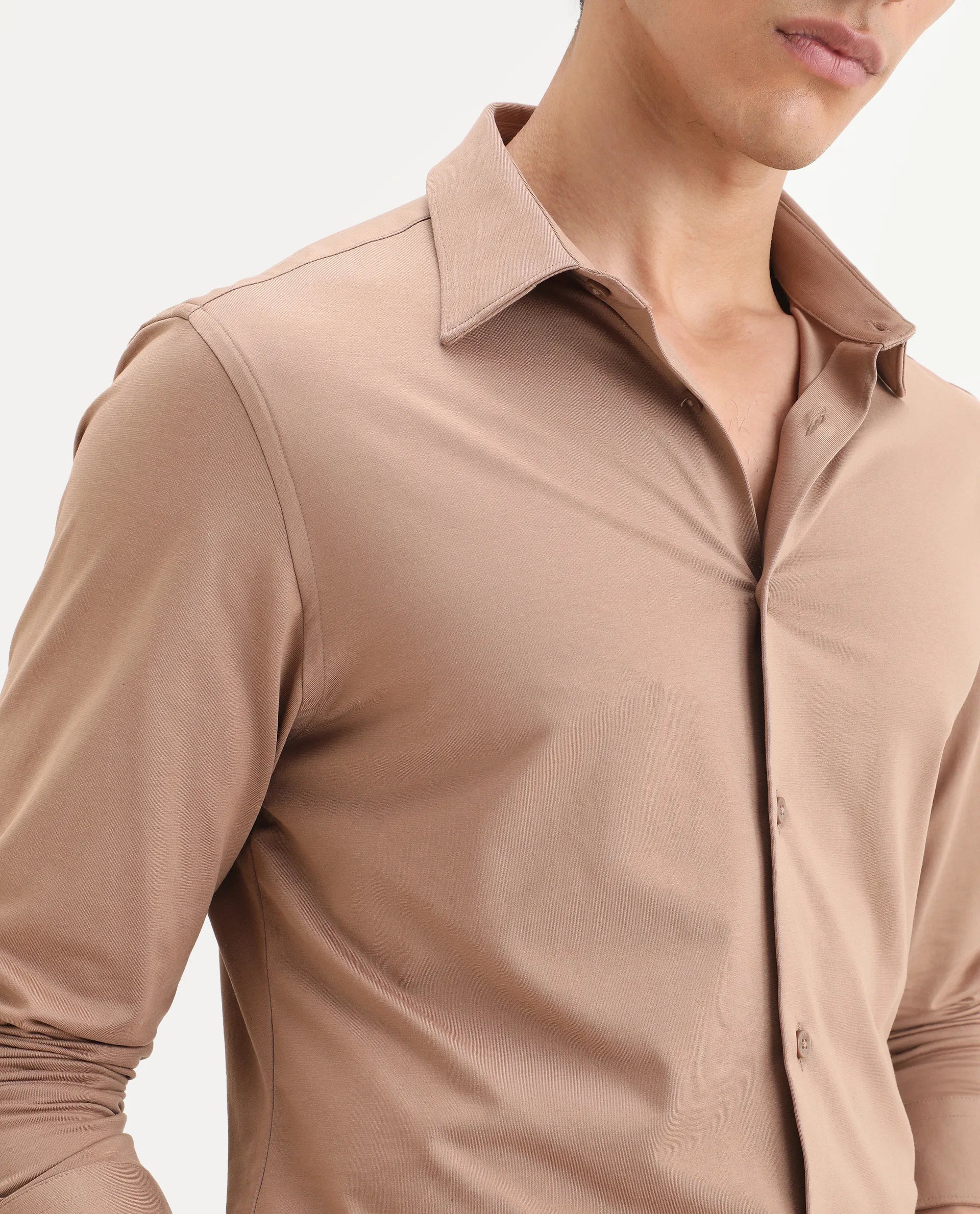 Rare Rabbit Men's Tour-Ss26 Light Brown Cotton Blend Fabric Full Sleeve Spread Collar Regular Fit Plain Shirt - Image 3