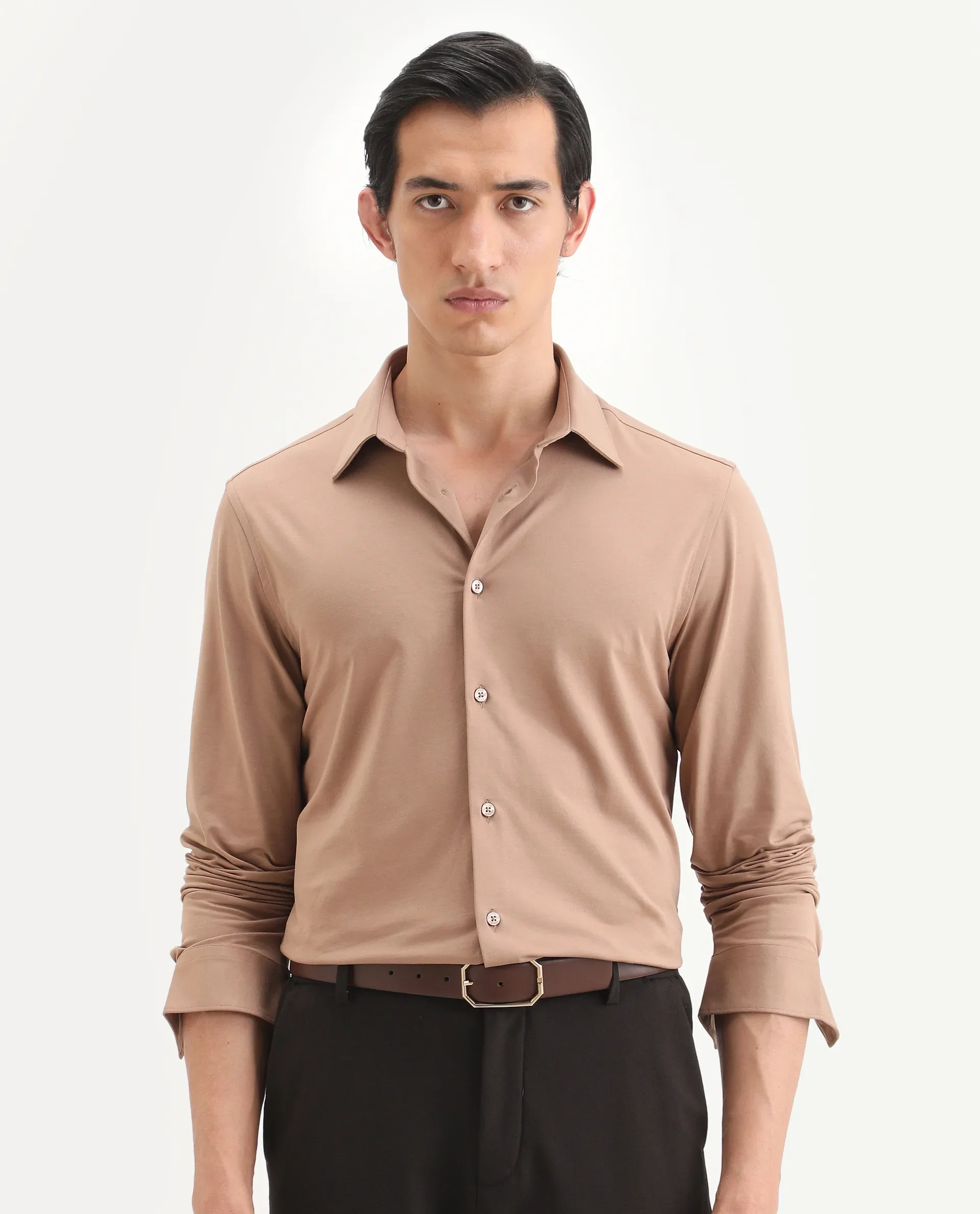 Rare Rabbit Men's Tour-Ss26 Light Brown Cotton Blend Fabric Full Sleeve Spread Collar Regular Fit Plain Shirt - Image 4
