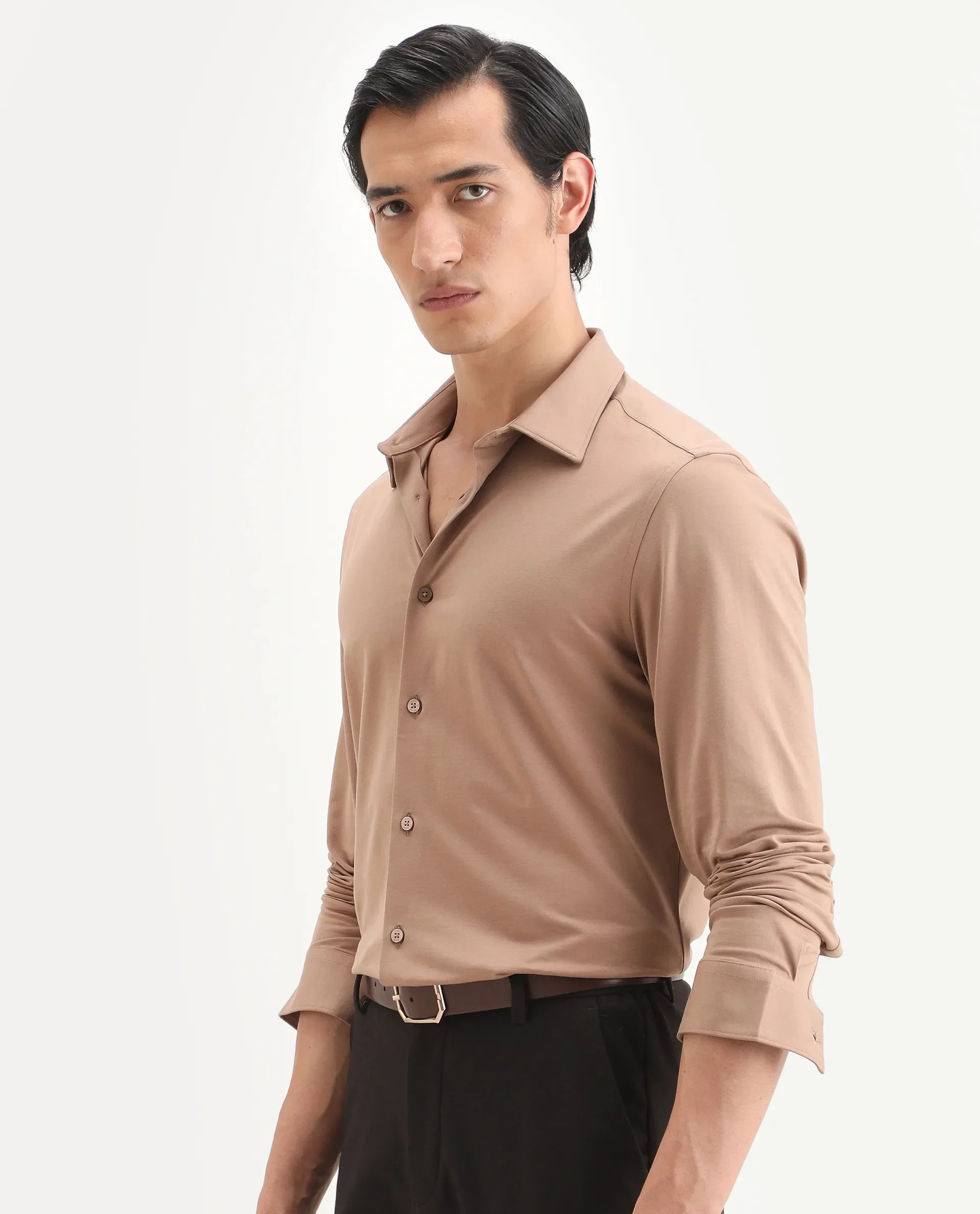 Rare Rabbit Men's Tour-Ss26 Light Brown Cotton Blend Fabric Full Sleeve Spread Collar Regular Fit Plain Shirt - Image 5