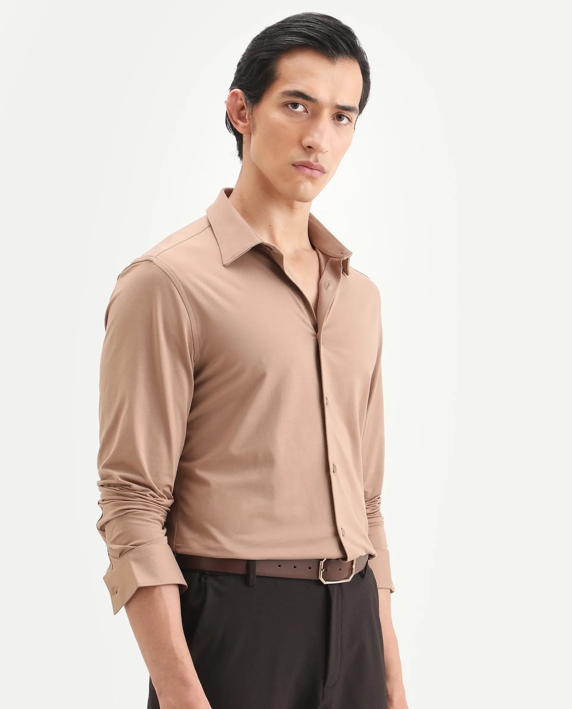 Rare Rabbit Men's Tour-Ss26 Light Brown Cotton Blend Fabric Full Sleeve Spread Collar Regular Fit Plain Shirt - Image 6