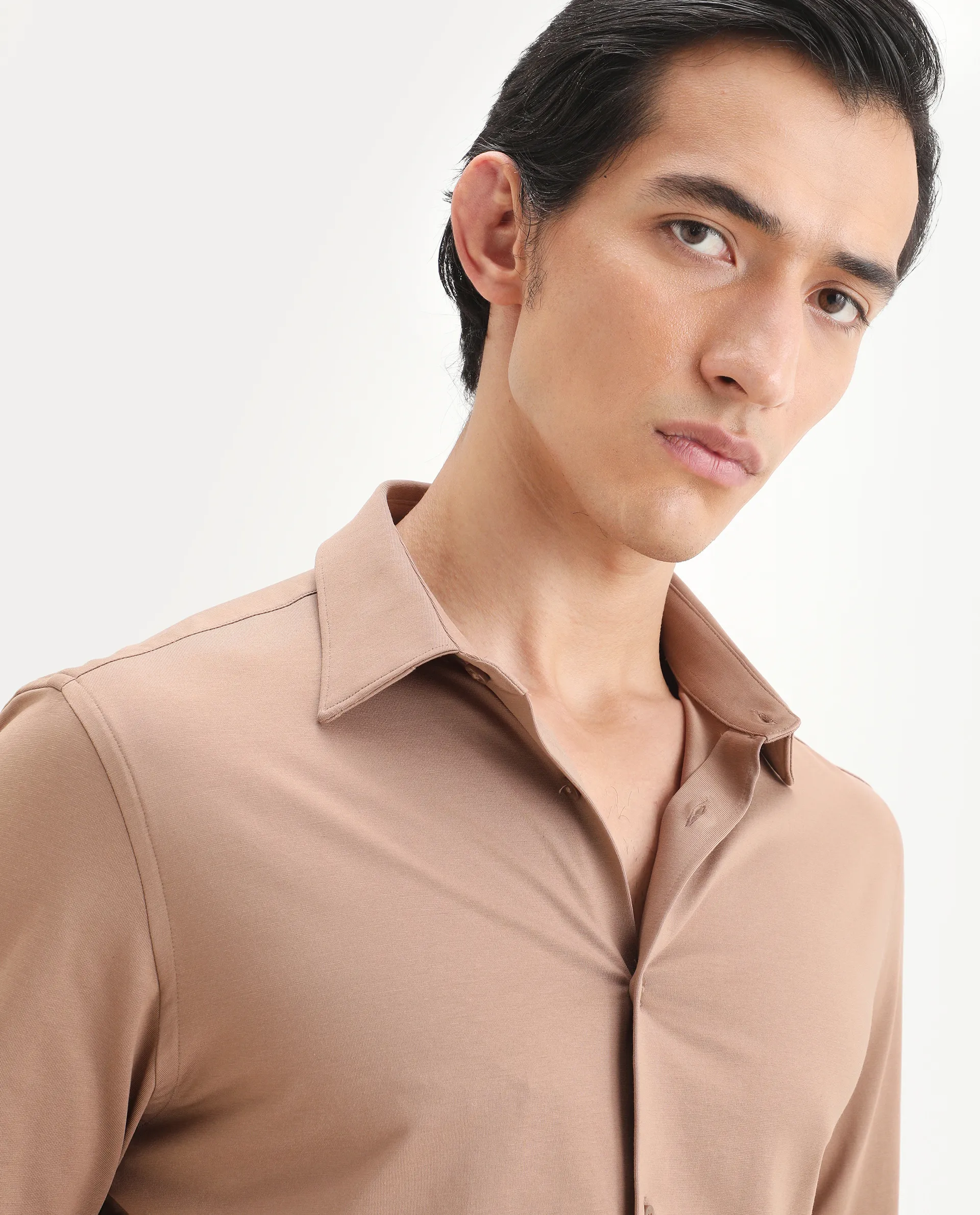 Rare Rabbit Men's Tour-Ss26 Light Brown Cotton Blend Fabric Full Sleeve Spread Collar Regular Fit Plain Shirt - Image 7