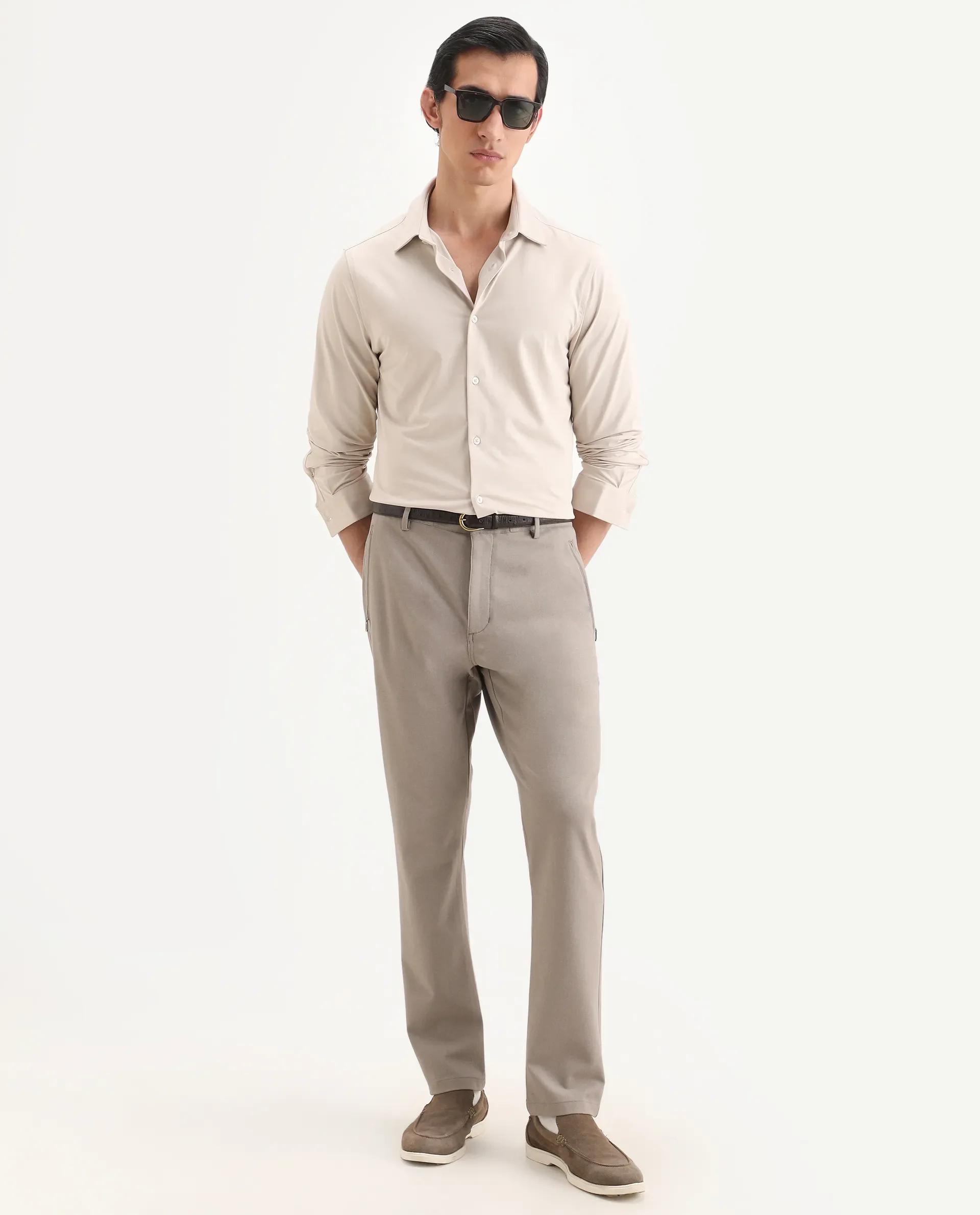 Rare Rabbit Men's Tour-Ss26 Pastel Beige Cotton Blend Fabric Full Sleeve Spread Collar Regular Fit Plain Shirt - Image 2