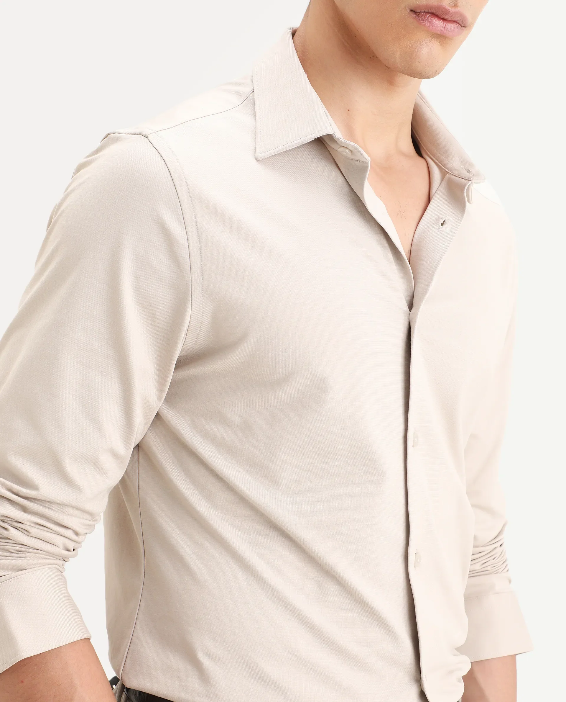 Rare Rabbit Men's Tour-Ss26 Pastel Beige Cotton Blend Fabric Full Sleeve Spread Collar Regular Fit Plain Shirt - Image 3