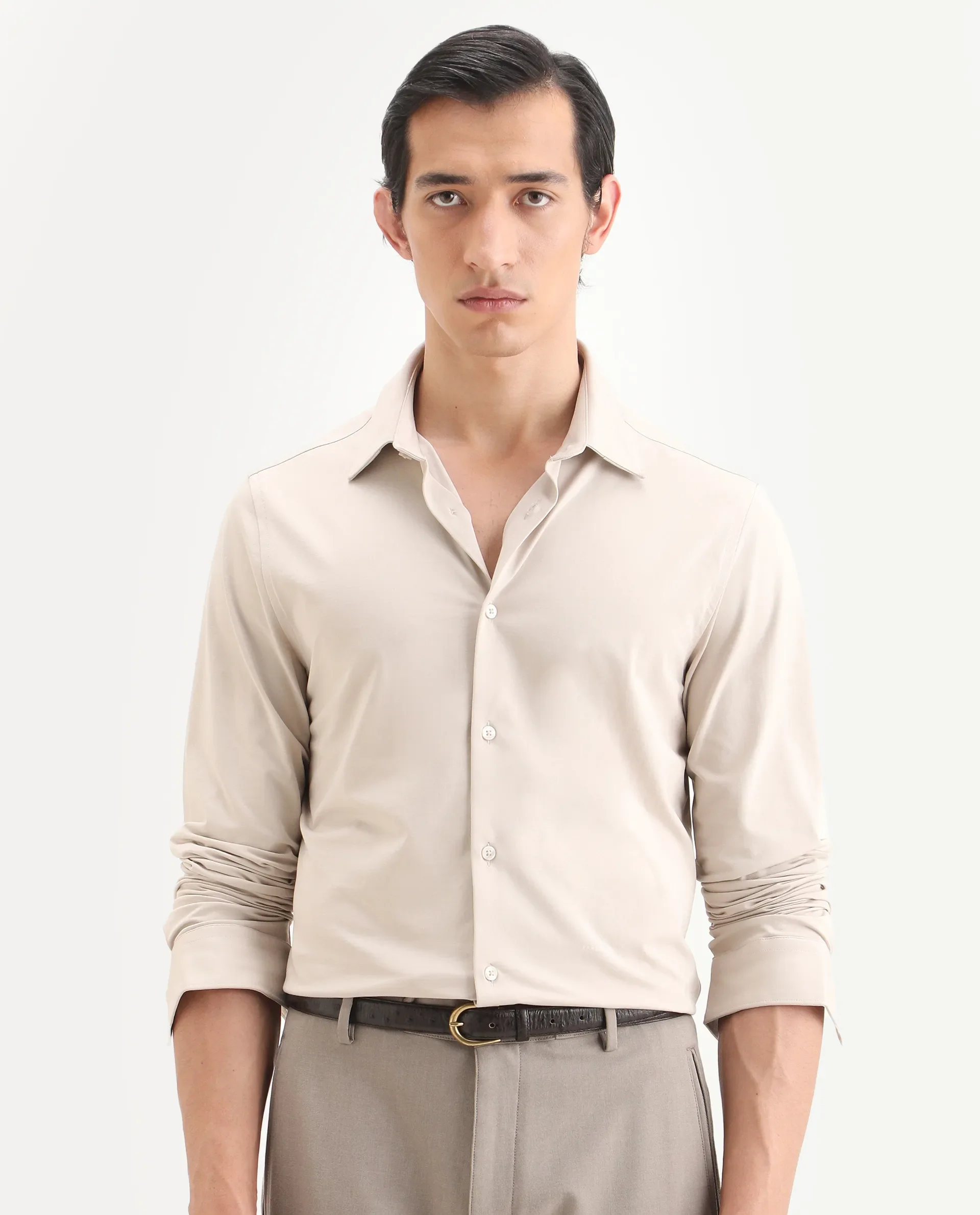 Rare Rabbit Men's Tour-Ss26 Pastel Beige Cotton Blend Fabric Full Sleeve Spread Collar Regular Fit Plain Shirt - Image 4