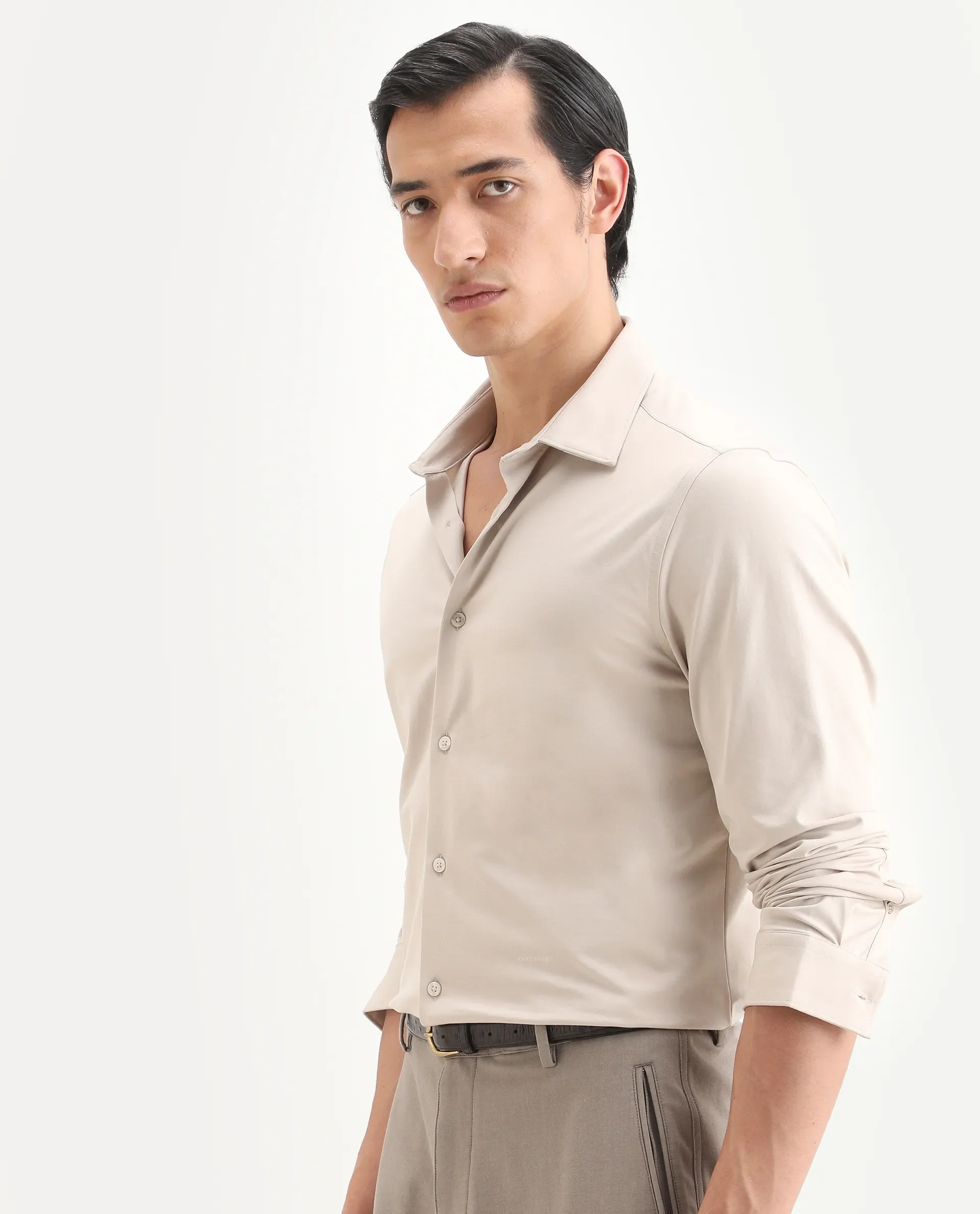 Rare Rabbit Men's Tour-Ss26 Pastel Beige Cotton Blend Fabric Full Sleeve Spread Collar Regular Fit Plain Shirt - Image 5