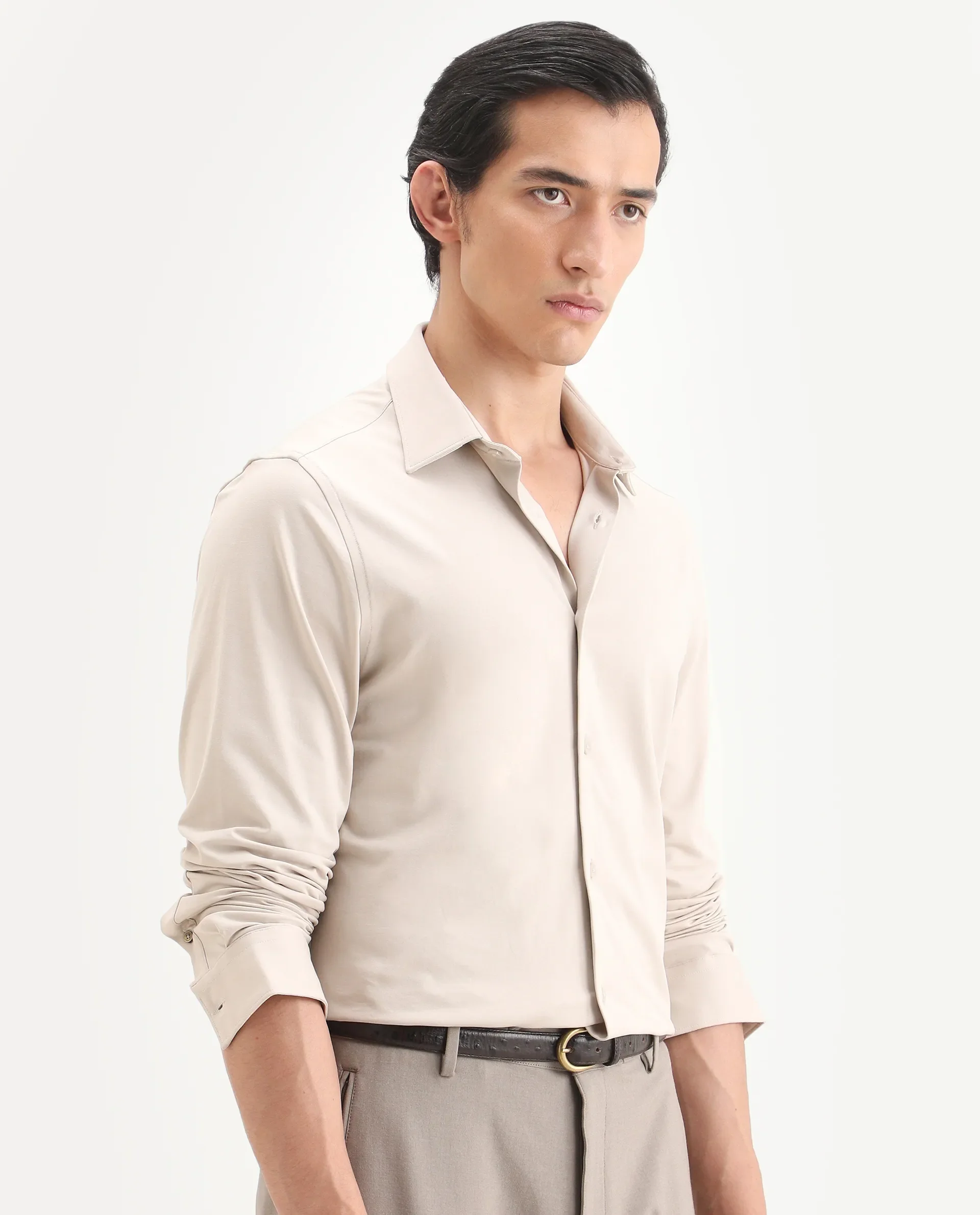 Rare Rabbit Men's Tour-Ss26 Pastel Beige Cotton Blend Fabric Full Sleeve Spread Collar Regular Fit Plain Shirt - Image 6