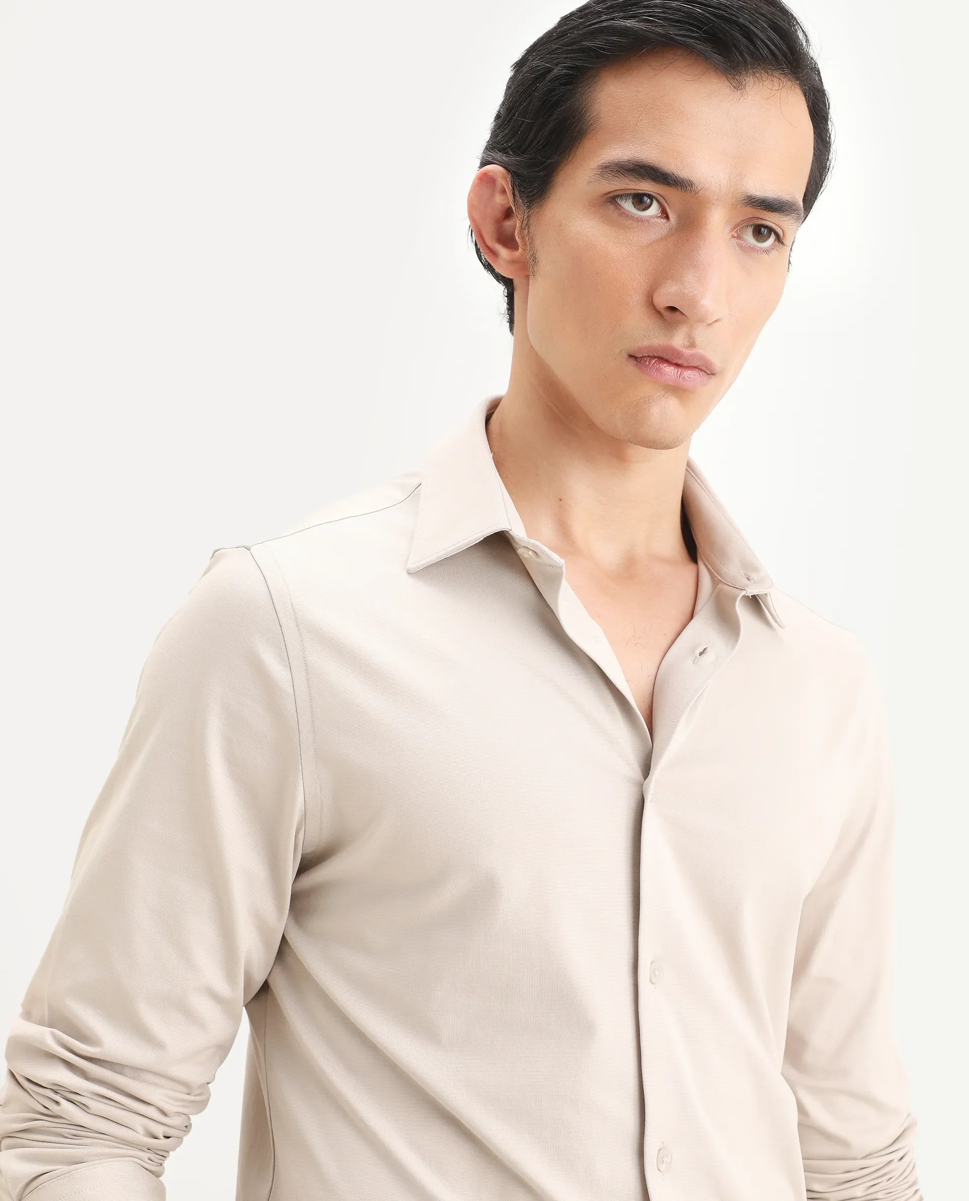 Rare Rabbit Men's Tour-Ss26 Pastel Beige Cotton Blend Fabric Full Sleeve Spread Collar Regular Fit Plain Shirt - Image 7