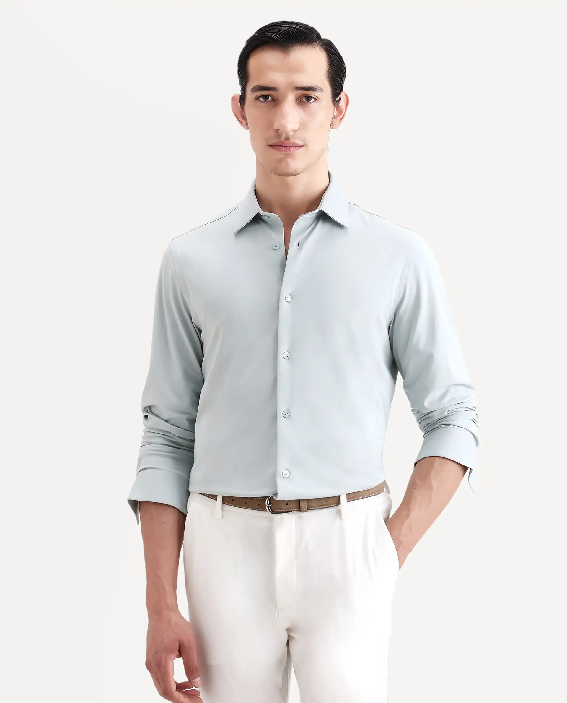 Rare Rabbit Men's Tour-Ss26 Pastel Green Cotton Blend Fabric Full Sleeve Spread Collar Regular Fit Plain Shirt - Image 3