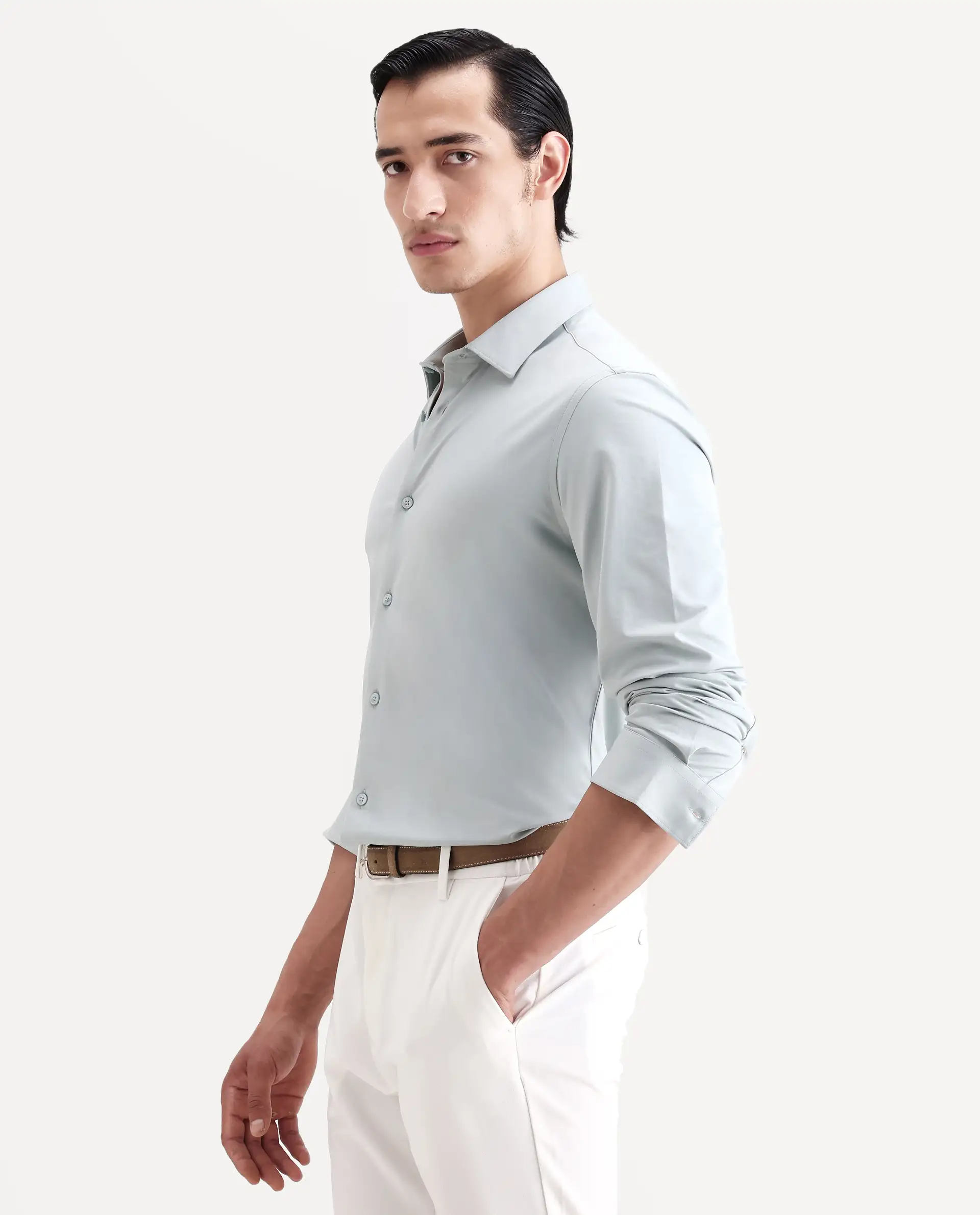 Rare Rabbit Men's Tour-Ss26 Pastel Green Cotton Blend Fabric Full Sleeve Spread Collar Regular Fit Plain Shirt - Image 5