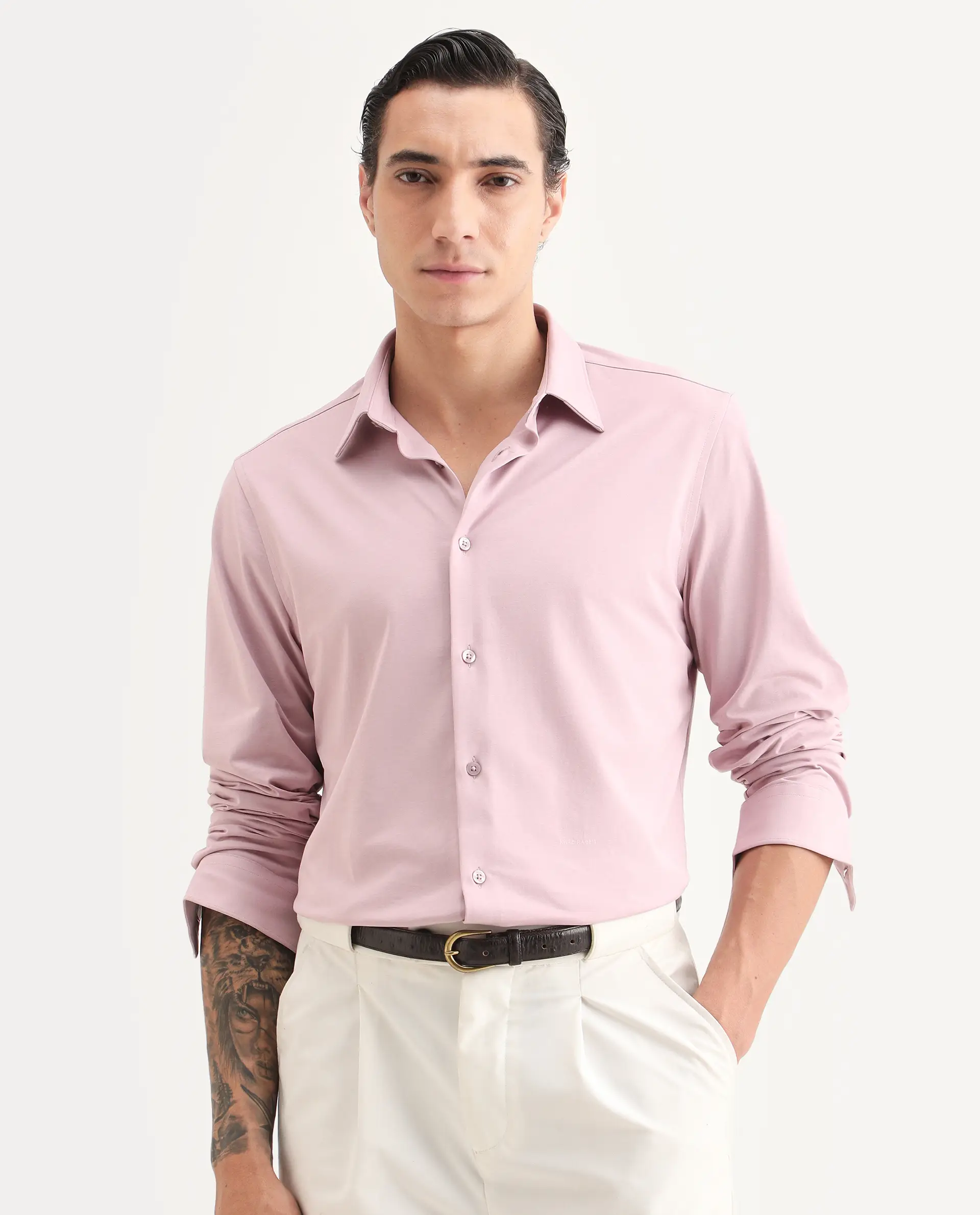 Rare Rabbit Men's Tour-Ss26 Pastel Pink Cotton Blend Fabric Full Sleeve Spread Collar Regular Fit Plain Shirt