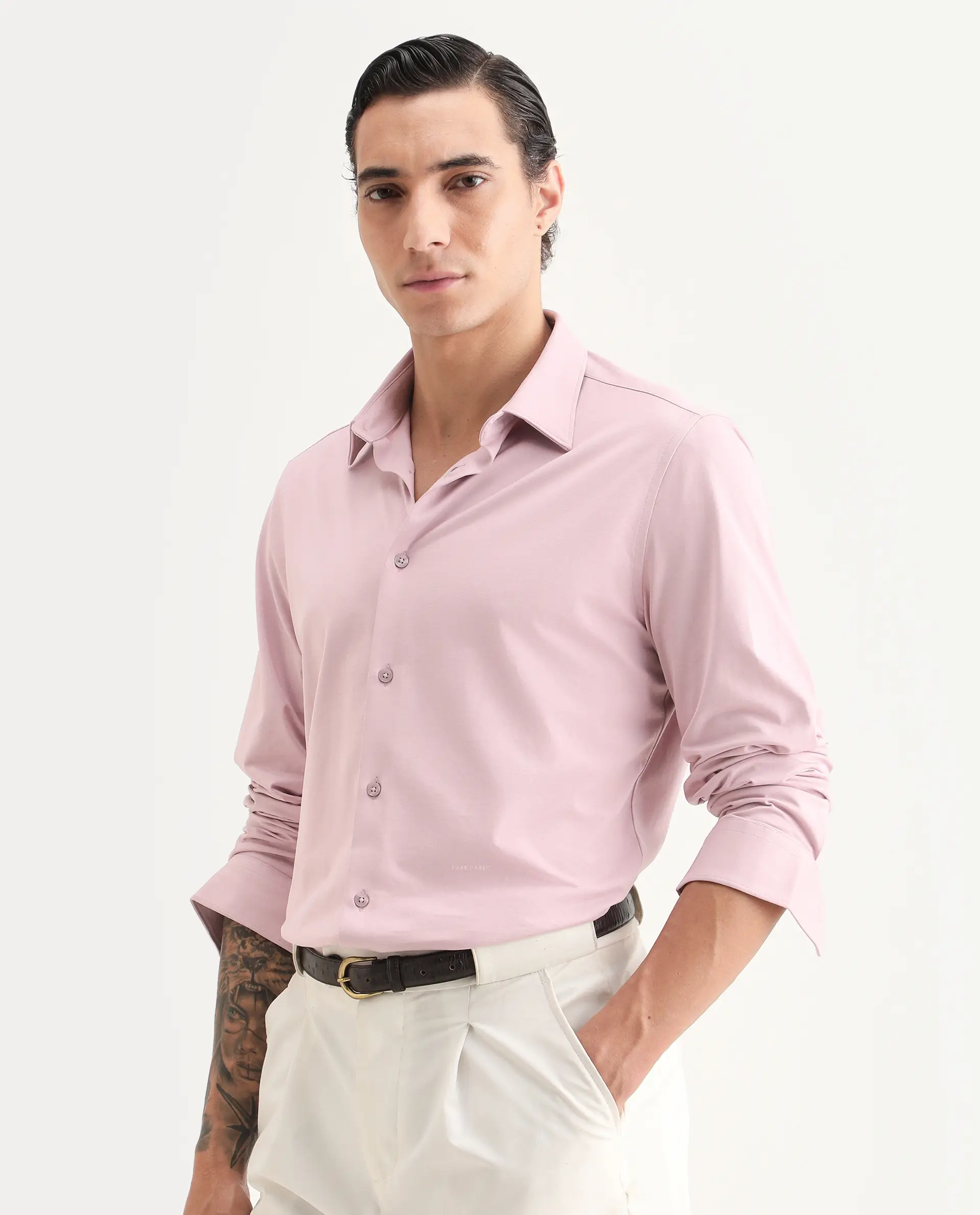 Rare Rabbit Men's Tour-Ss26 Pastel Pink Cotton Blend Fabric Full Sleeve Spread Collar Regular Fit Plain Shirt - Image 4