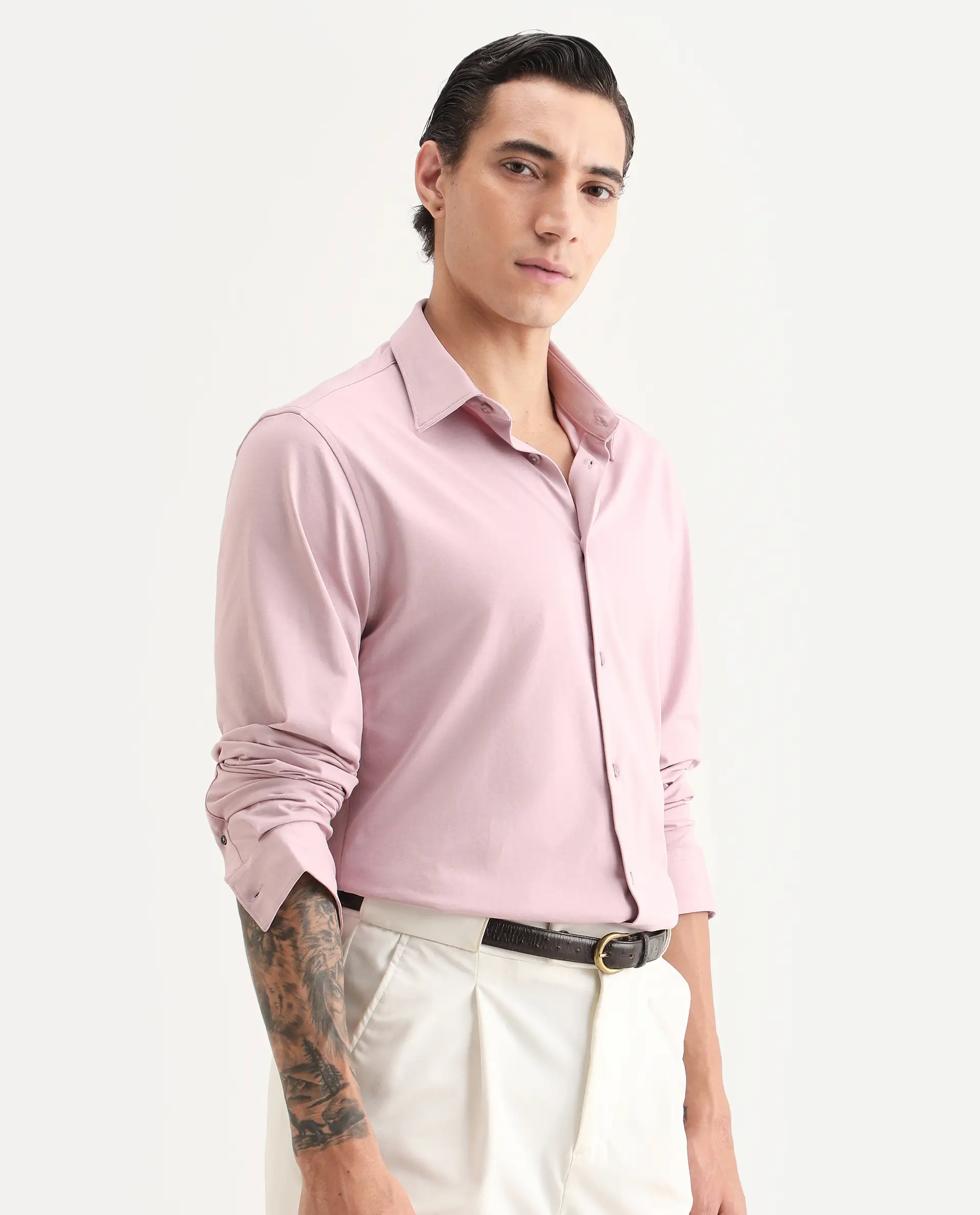 Rare Rabbit Men's Tour-Ss26 Pastel Pink Cotton Blend Fabric Full Sleeve Spread Collar Regular Fit Plain Shirt - Image 5