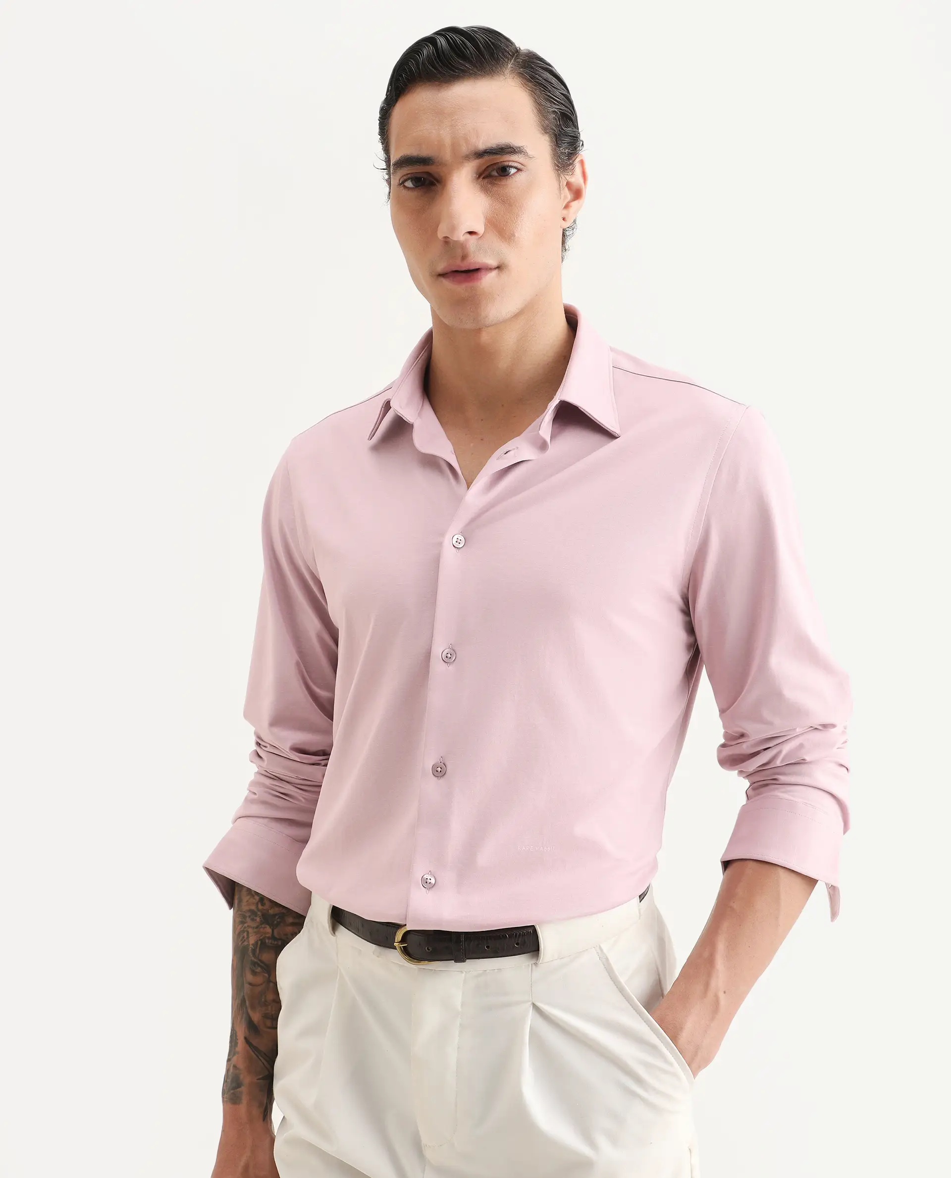 Rare Rabbit Men's Tour-Ss26 Pastel Pink Cotton Blend Fabric Full Sleeve Spread Collar Regular Fit Plain Shirt - Image 6