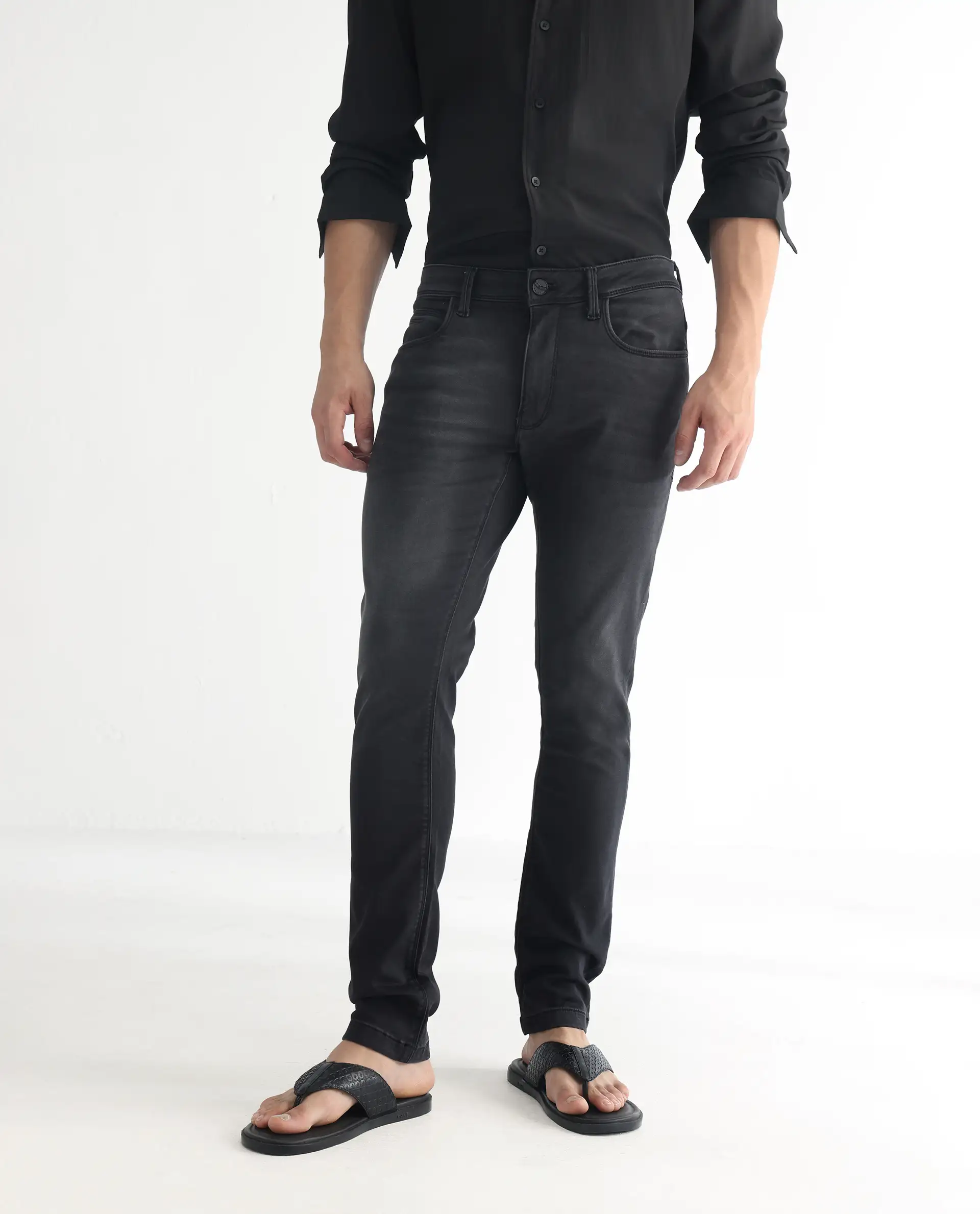 Rare Rabbit Men's Tours Black Cotton Plain Hawk Slim Fit Jeans - Image 2