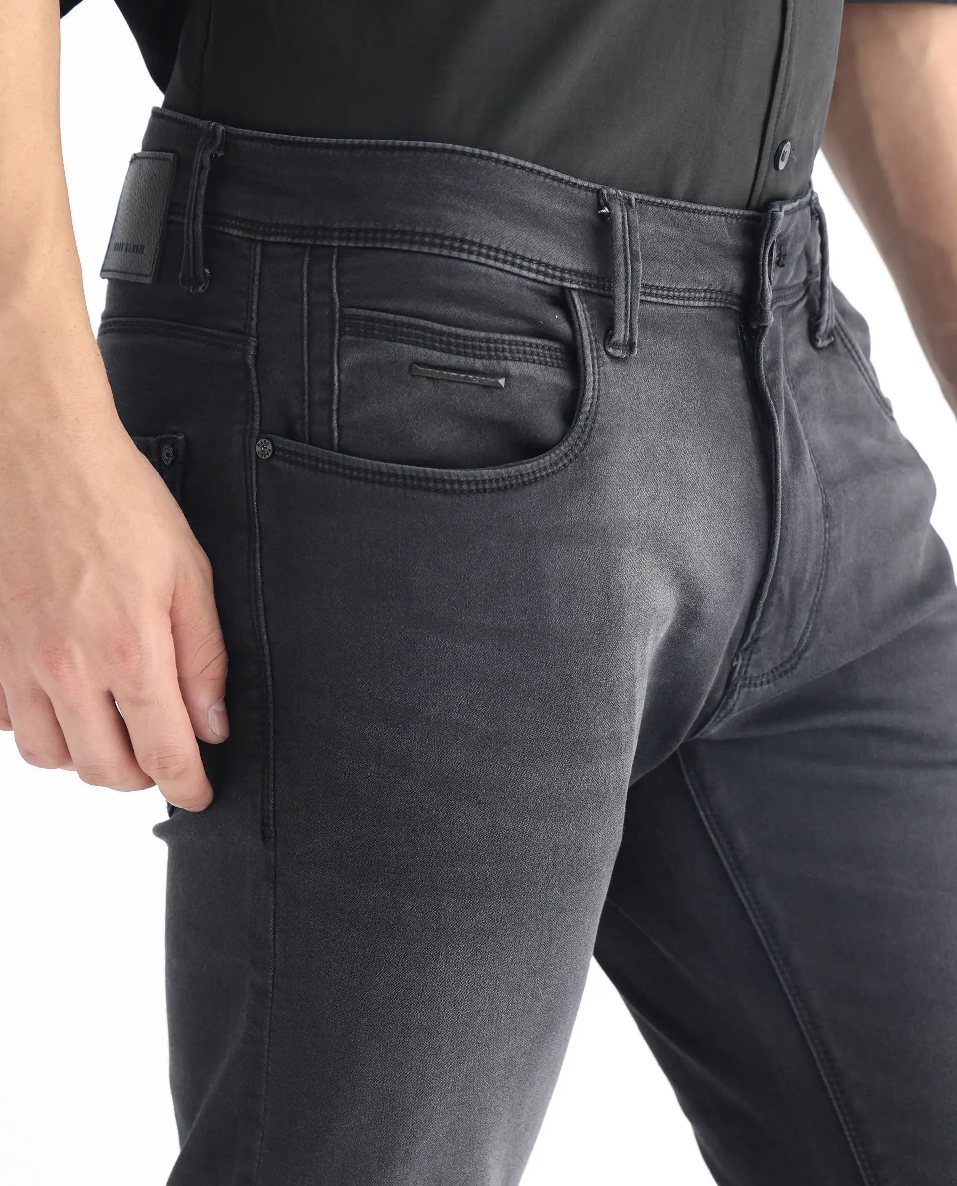 Rare Rabbit Men's Tours Black Cotton Plain Hawk Slim Fit Jeans - Image 7