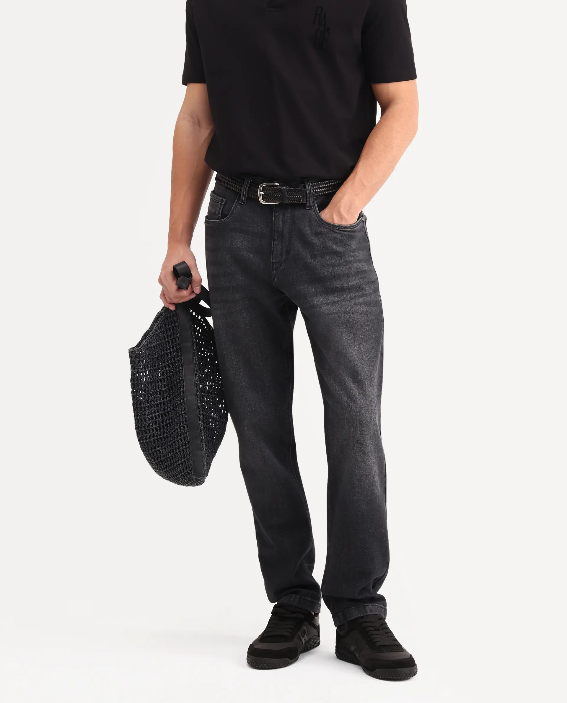 Rare Rabbit Men's Tova Dark Grey Cotton Fabric Shank And Zipper Kurt Carrot Fit Plain Jeans - Image 2