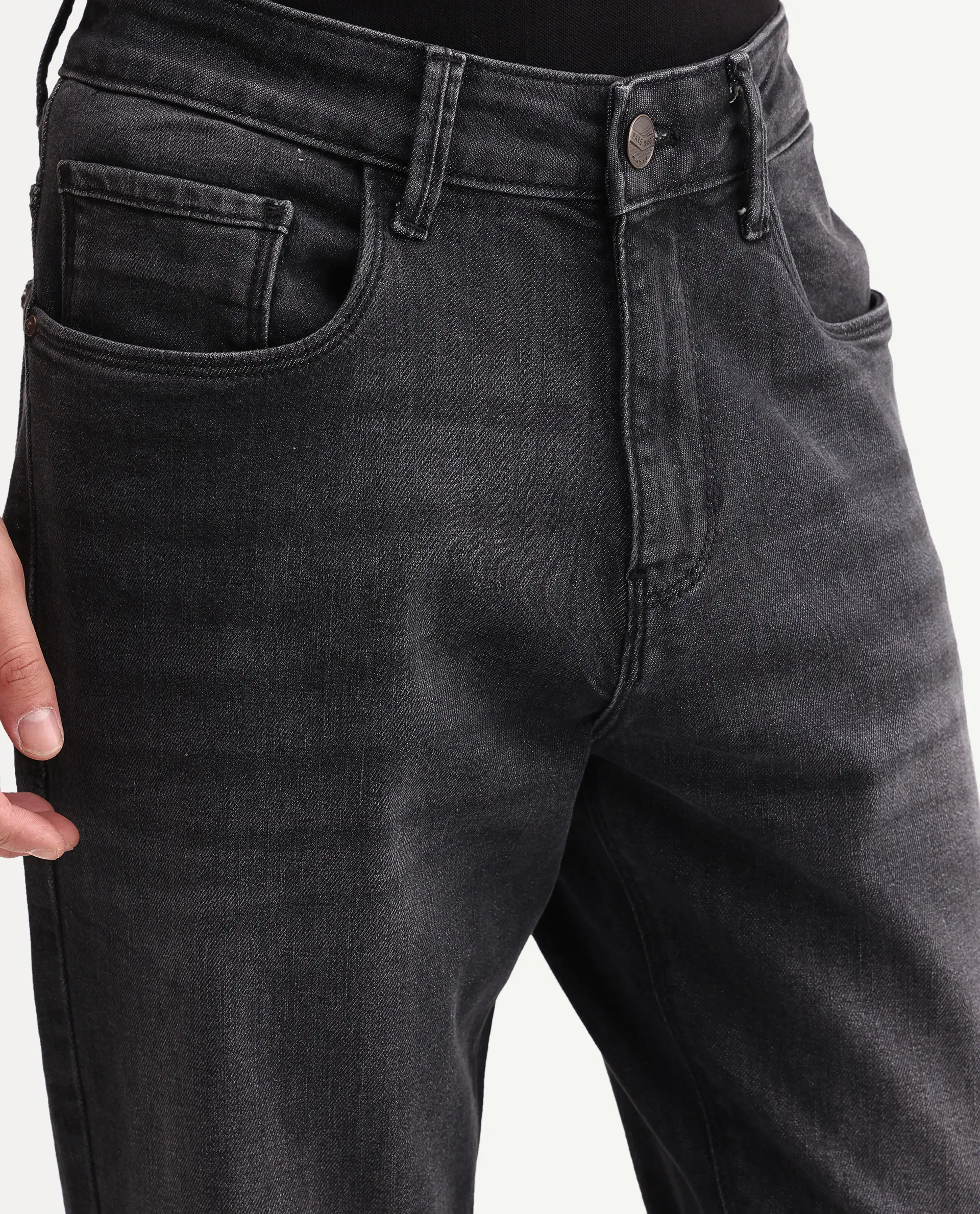 Rare Rabbit Men's Tova Dark Grey Cotton Fabric Shank And Zipper Kurt Carrot Fit Plain Jeans - Image 3