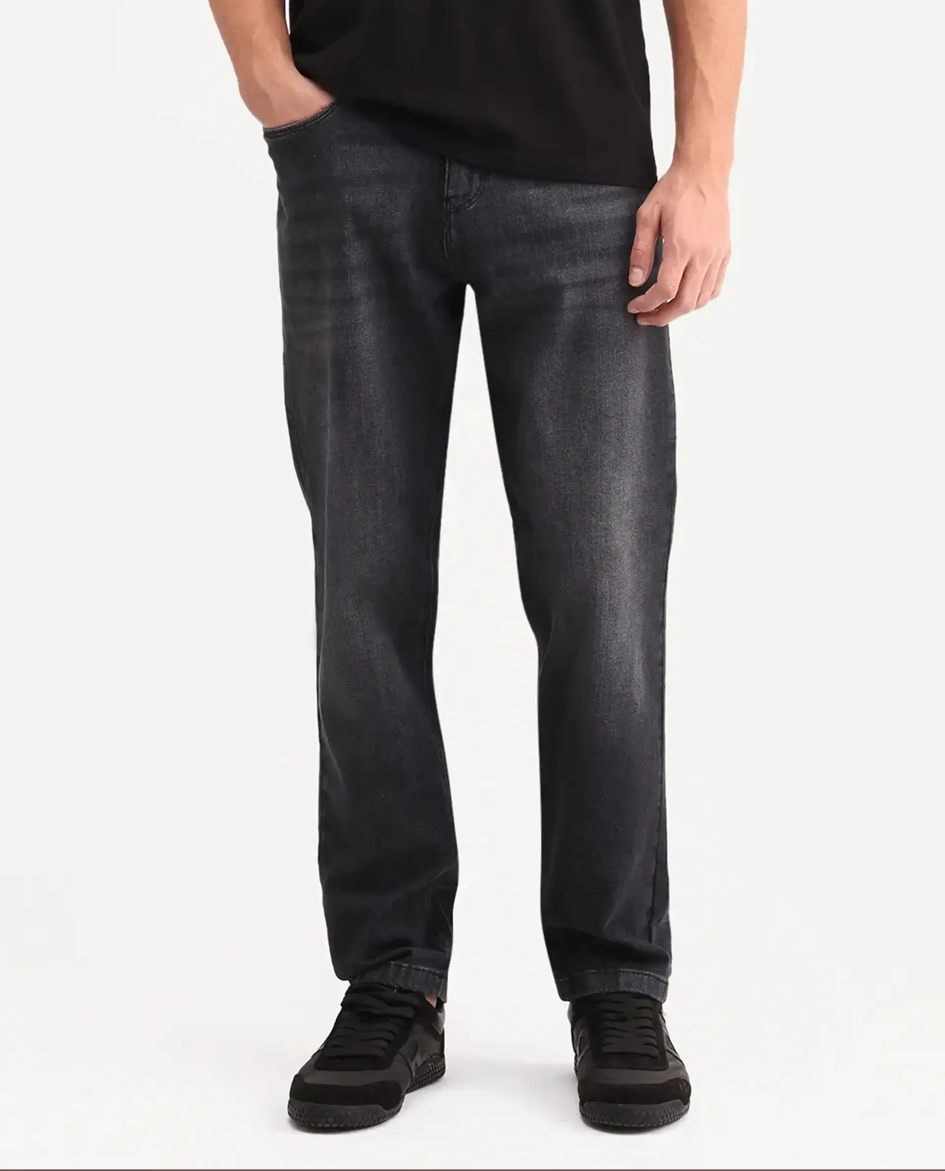 Rare Rabbit Men's Tova Dark Grey Cotton Fabric Shank And Zipper Kurt Carrot Fit Plain Jeans - Image 8