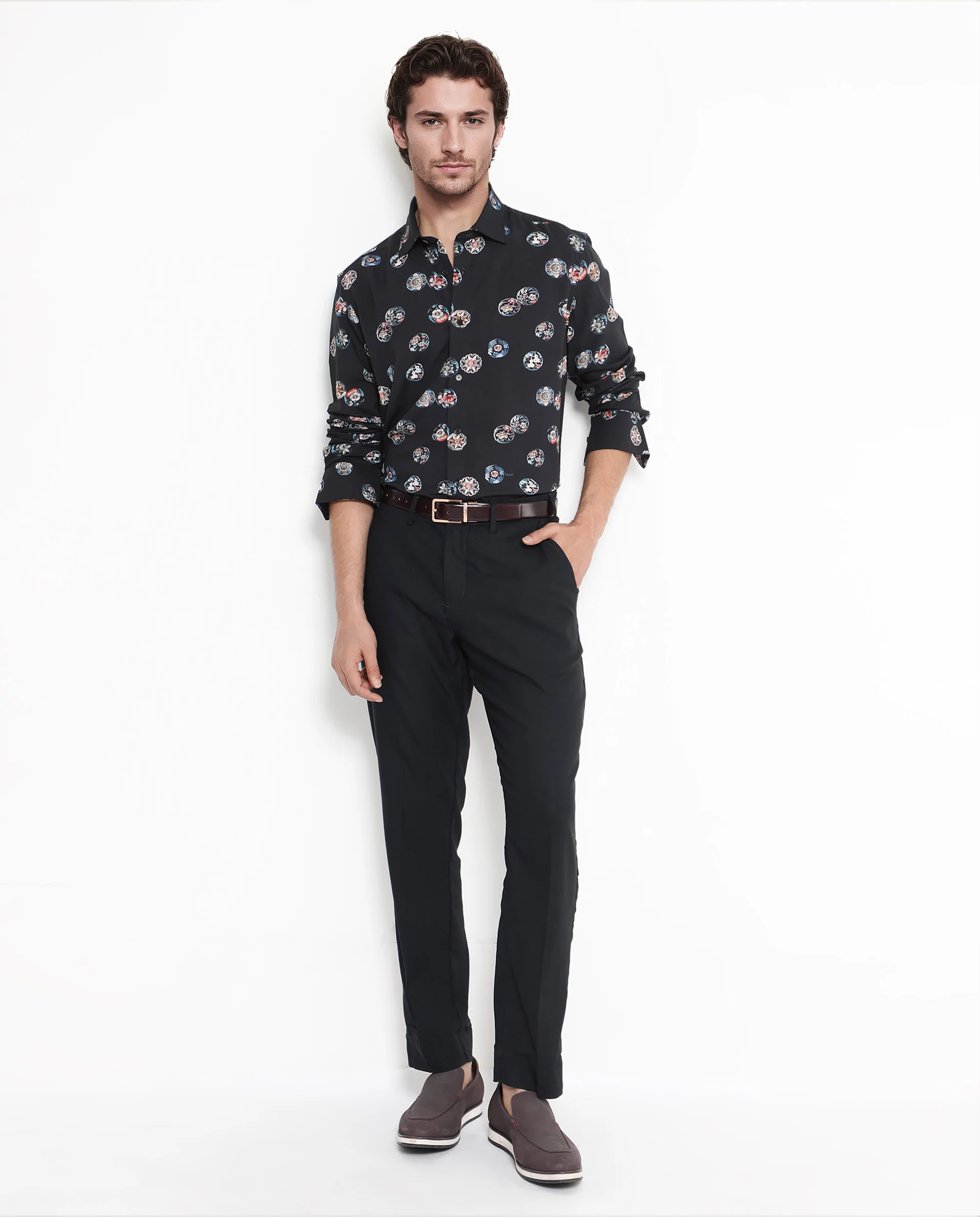 Rare Rabbit Men's Towen Ls Black Viscose Floral Print Regular Fit Full Sleeve Collared Shirt - Image 2