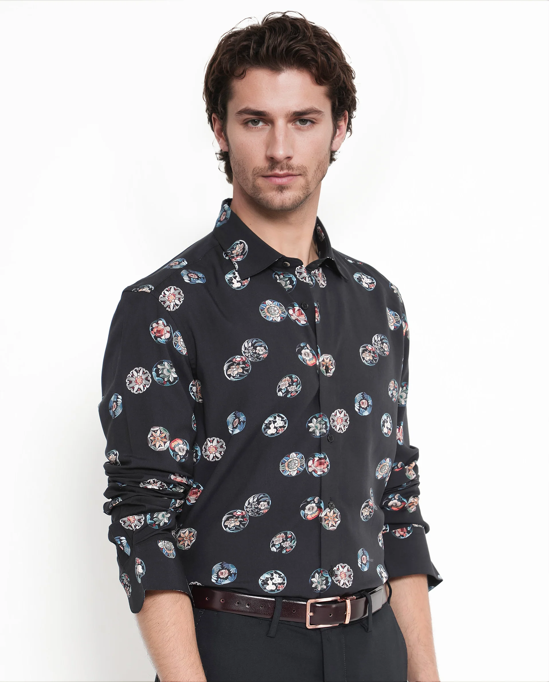 Rare Rabbit Men's Towen Ls Black Viscose Floral Print Regular Fit Full Sleeve Collared Shirt - Image 3