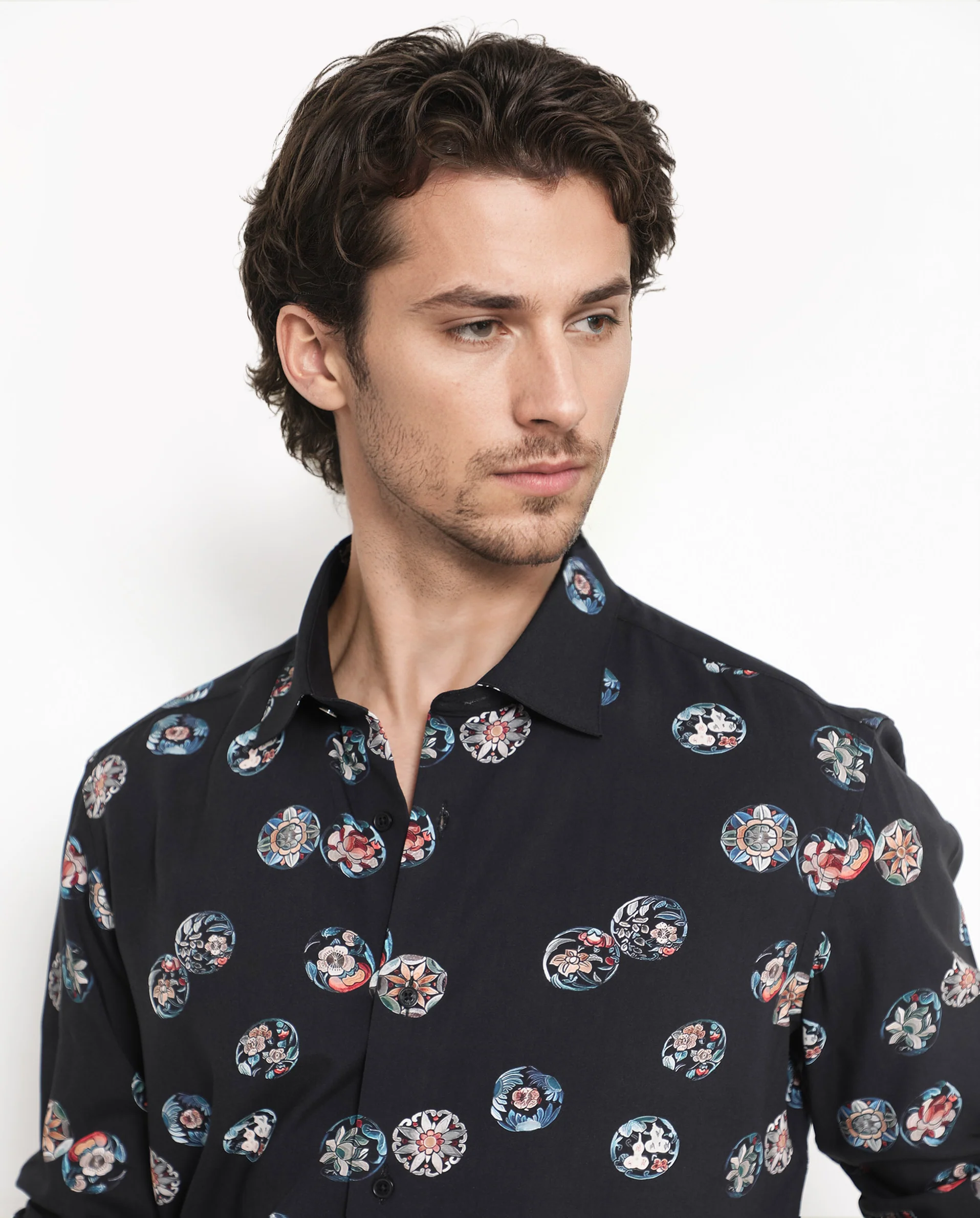 Rare Rabbit Men's Towen Ls Black Viscose Floral Print Regular Fit Full Sleeve Collared Shirt - Image 4